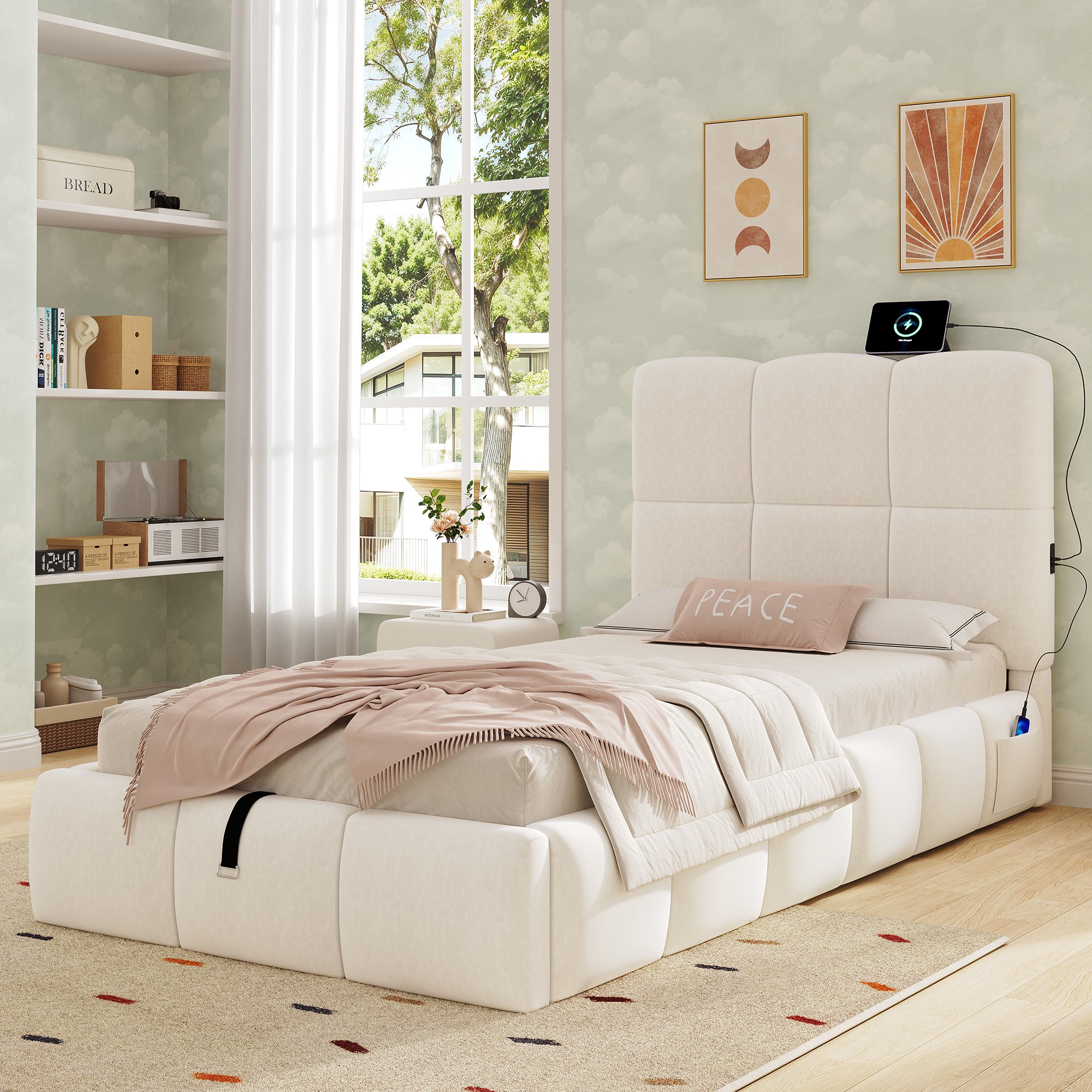 Lit coffre simple 90x200 cm en velours beige, hauteur totale 99 cm, capacité 150 kg, avec sommier à lattes et port de charge USB