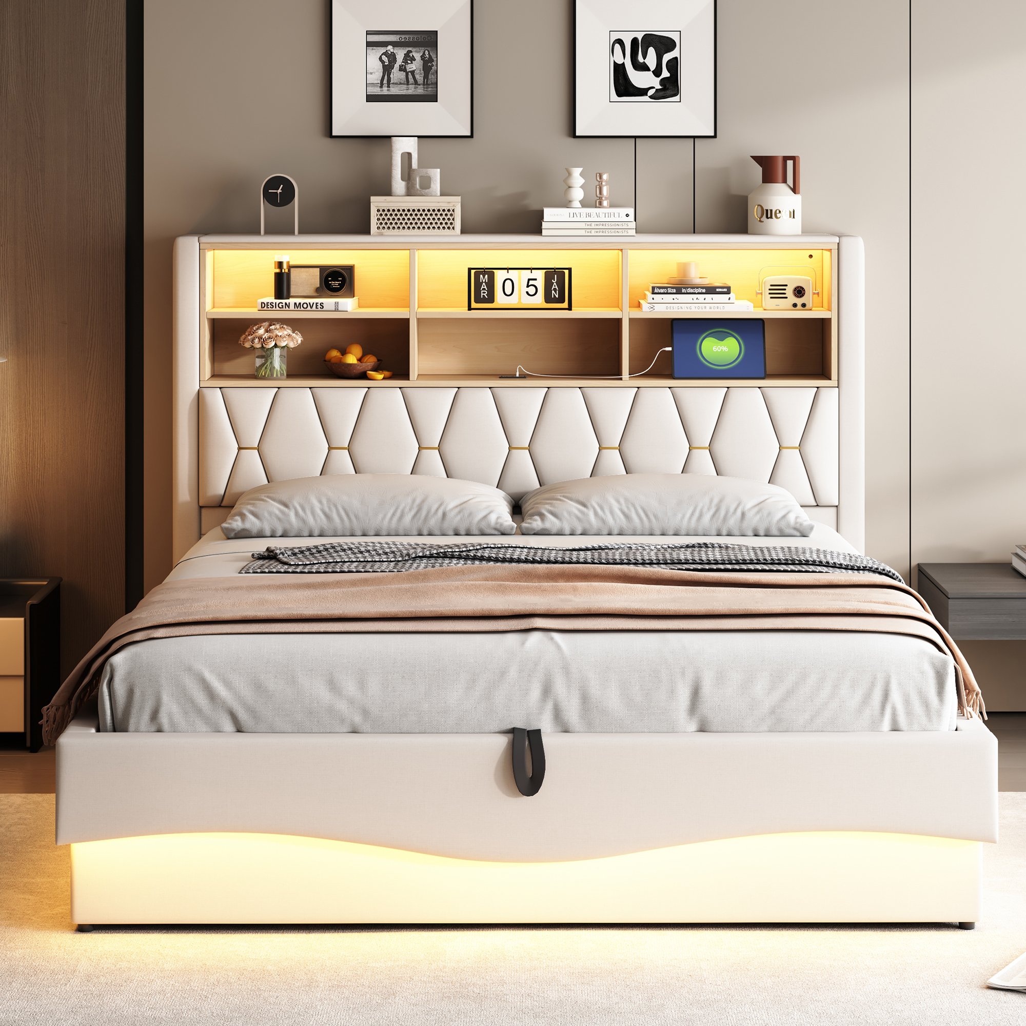 Lit coffre 180x200 en lin beige, structure métallique et sommier à lattes, avec rangement