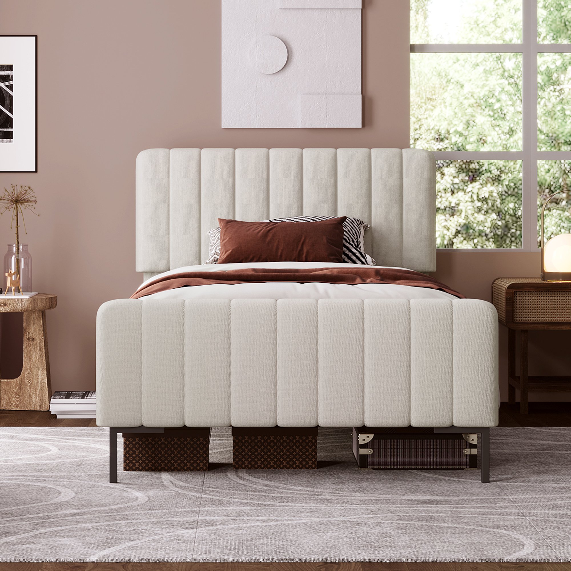 Lit rembourré 140x200, cadre de lit simple 90x200 gris beige avec tête de lit ajustable