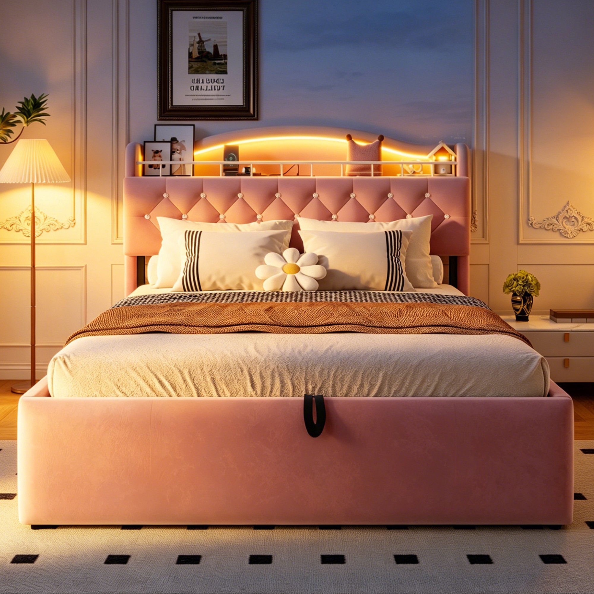 Lit coffre 140x200 en velours rose avec structure métallique et sommier à lattes, rangement hydraulique