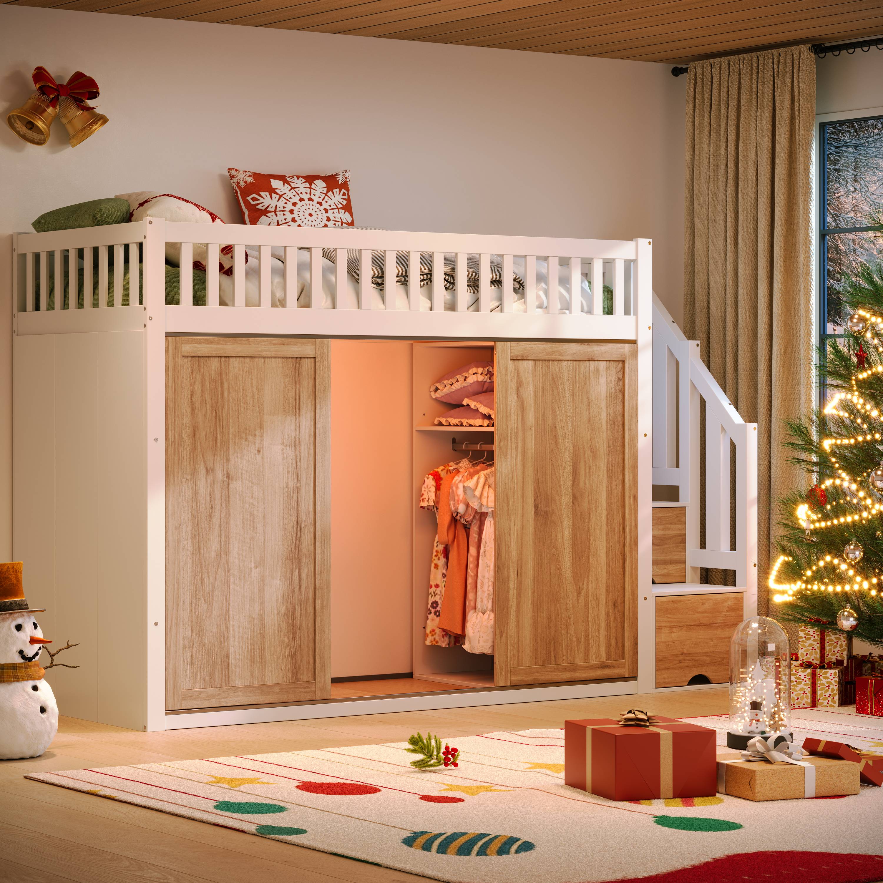 Lit mezzanine enfant multifonction avec grand dressing et escalier de rangement, structure robuste pour chambre d'enfant