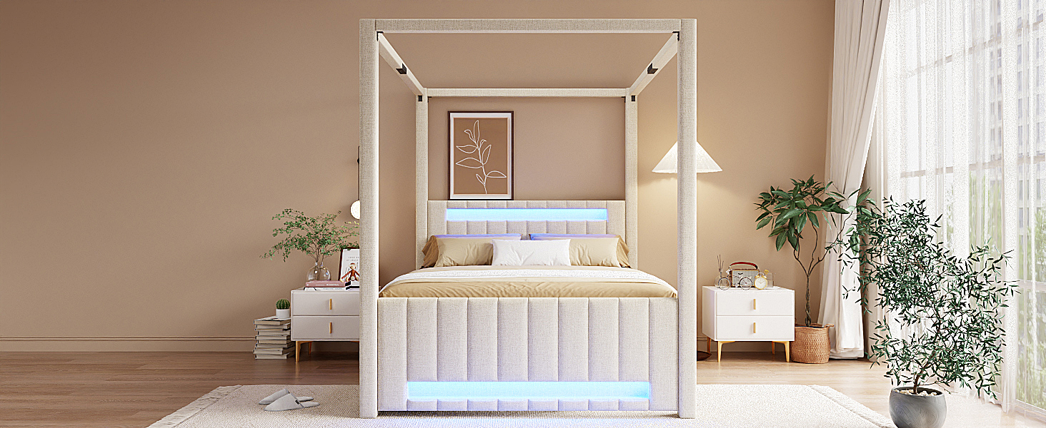 Lit gigogne avec tiroirs et LED, lit d'appoint 140x200, capitonné beige