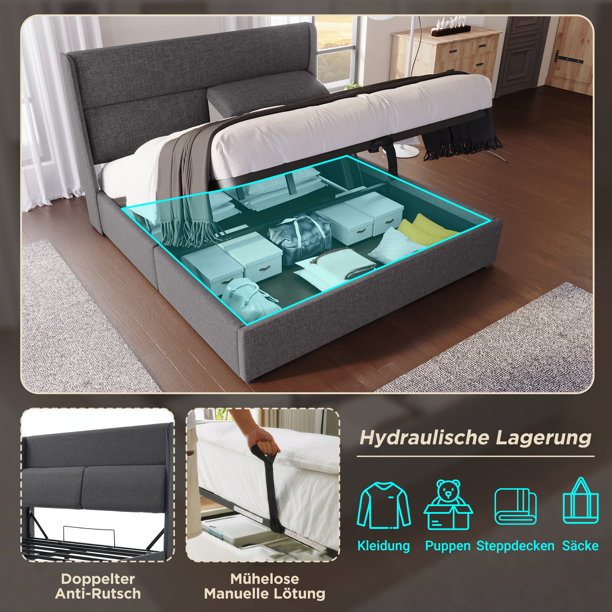 lit coffre 140x200 avec matelas, tête de lit capitonnée ajustable et grand coffre de rangement gris