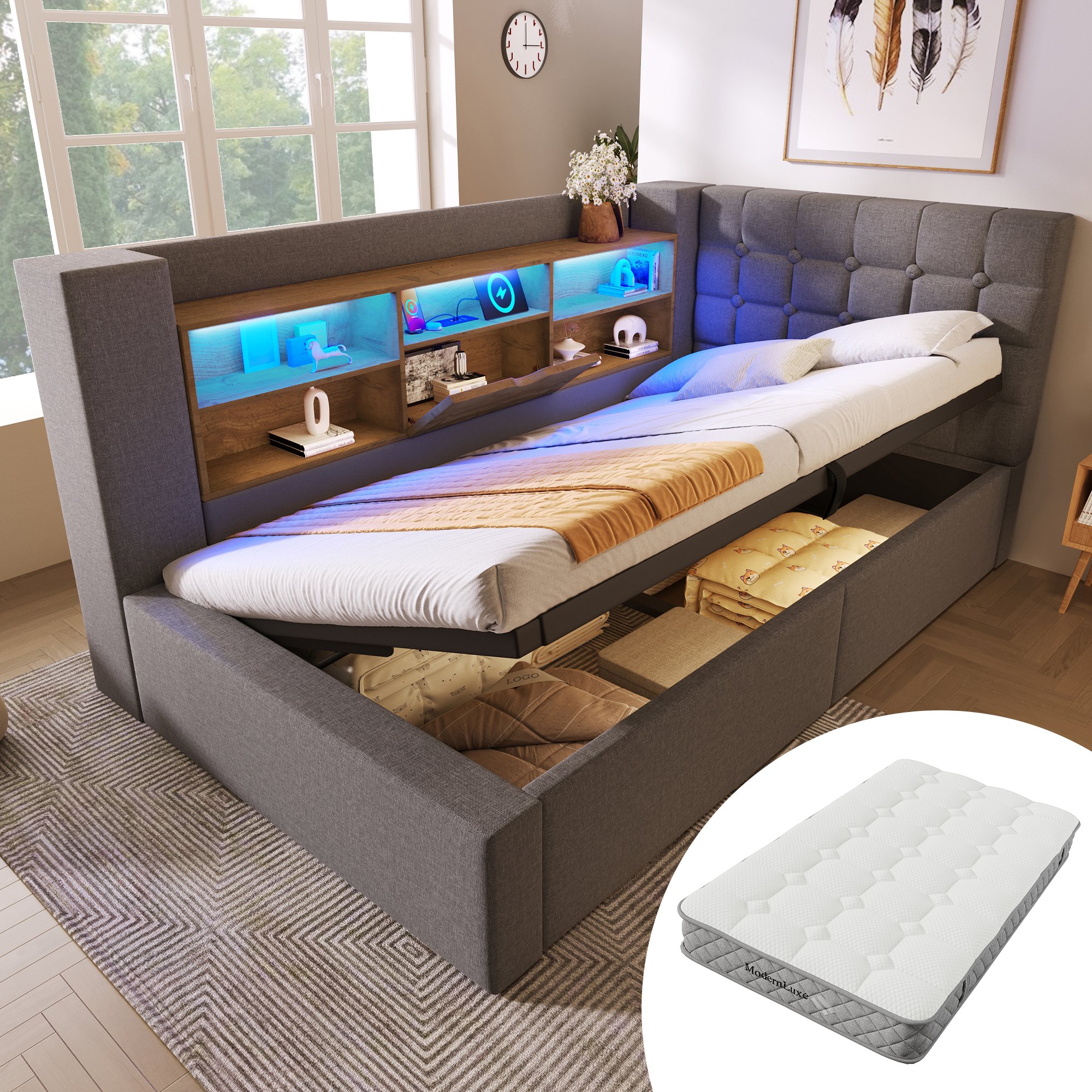 Lit LED 90x200 avec matelas, lit coffre 1 place gris avec rangement hydraulique, USB et tête de lit rembourrée