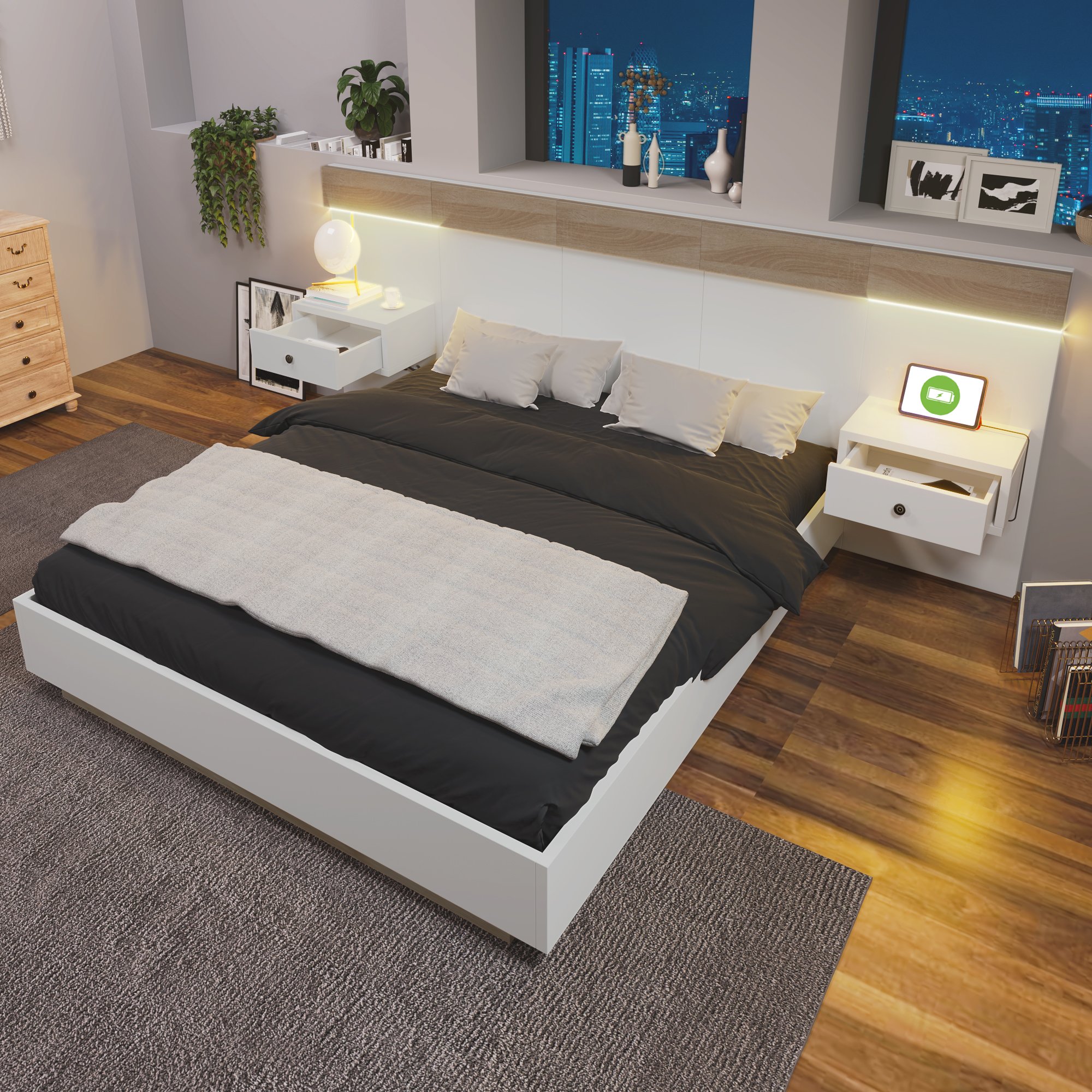 Lit double 160x200 pour 2 personnes, hauteur tête de lit 90cm, LED, USB Type-C, sommier à lattes et tables de nuit