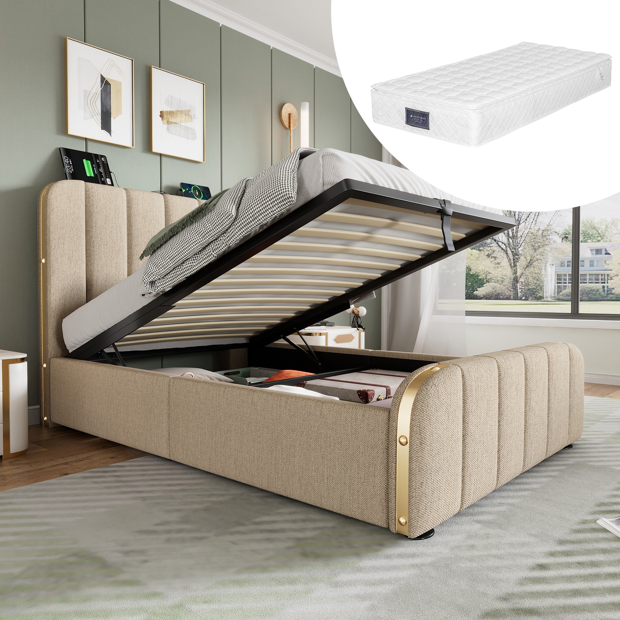 lit coffre 90x200 beige en tissu lin avec rangement hydraulique, sommier à lattes et ports USB Type-C