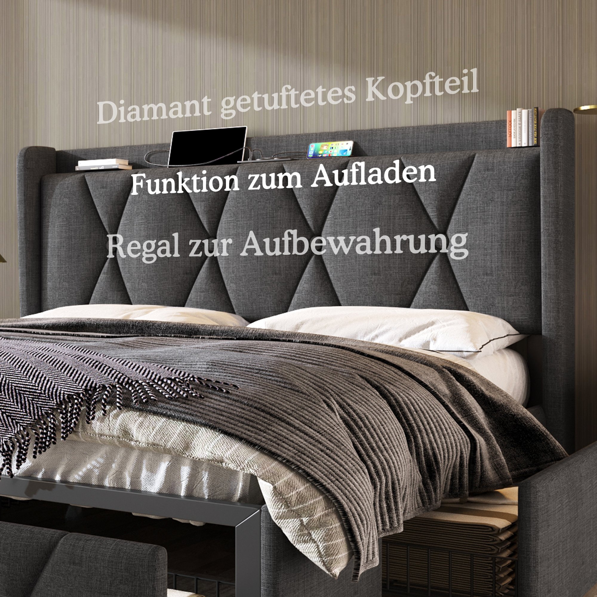 Lit coffre 140x200 avec sommier à lattes, 4 tiroirs de rangement et ports USB, gris
