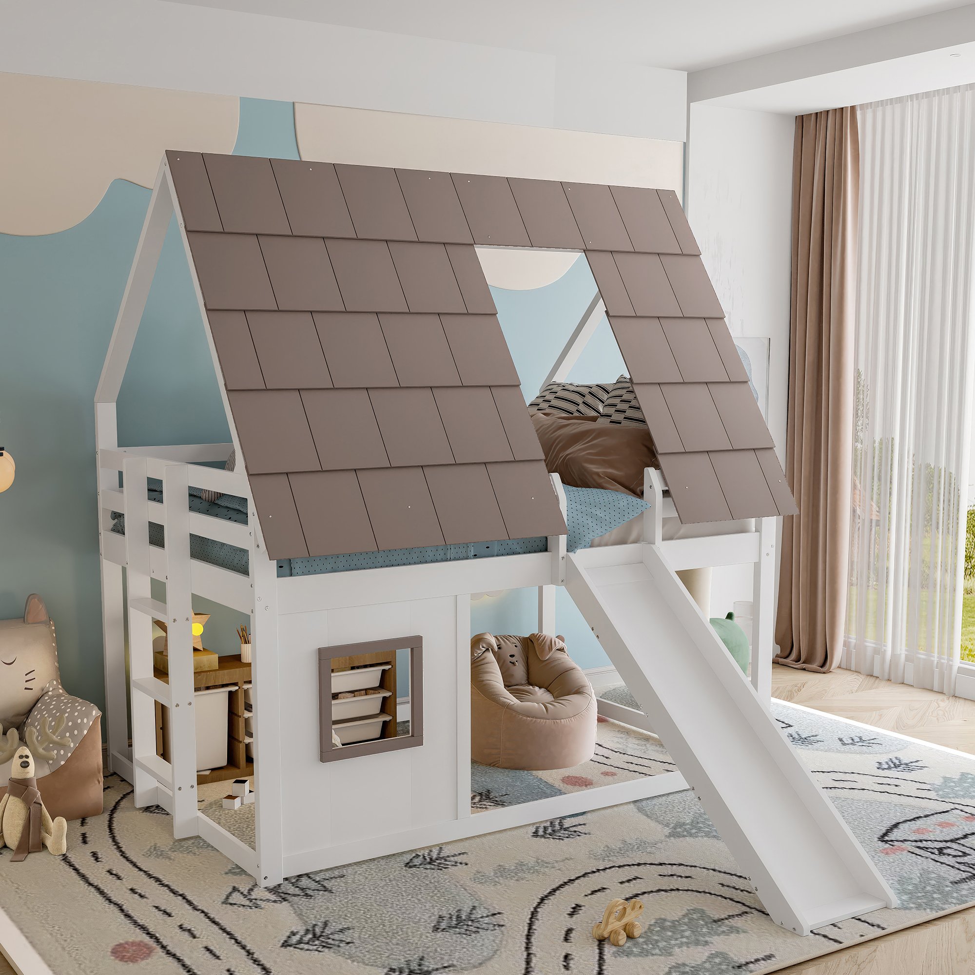 Lit superposé avec toboggan et échelle, 2 couchages 140x200, design maison pour enfants