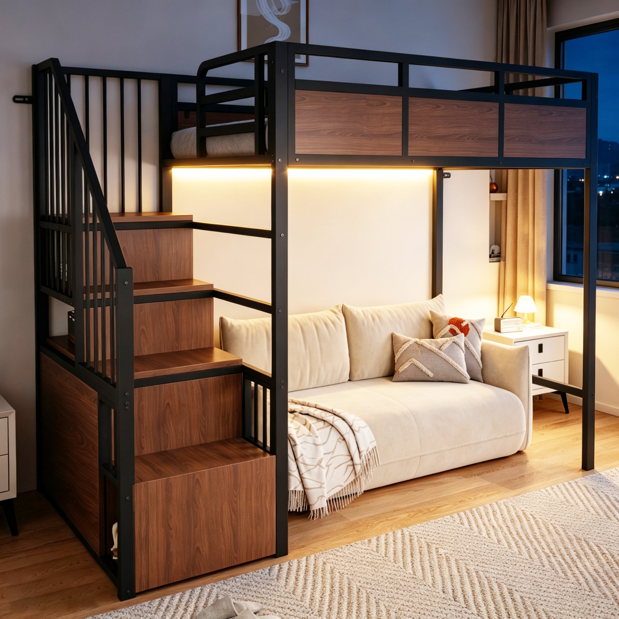 Lit mezzanine 90x200 cm avec échelle de rangement et LED intégrée, sécurité renforcée