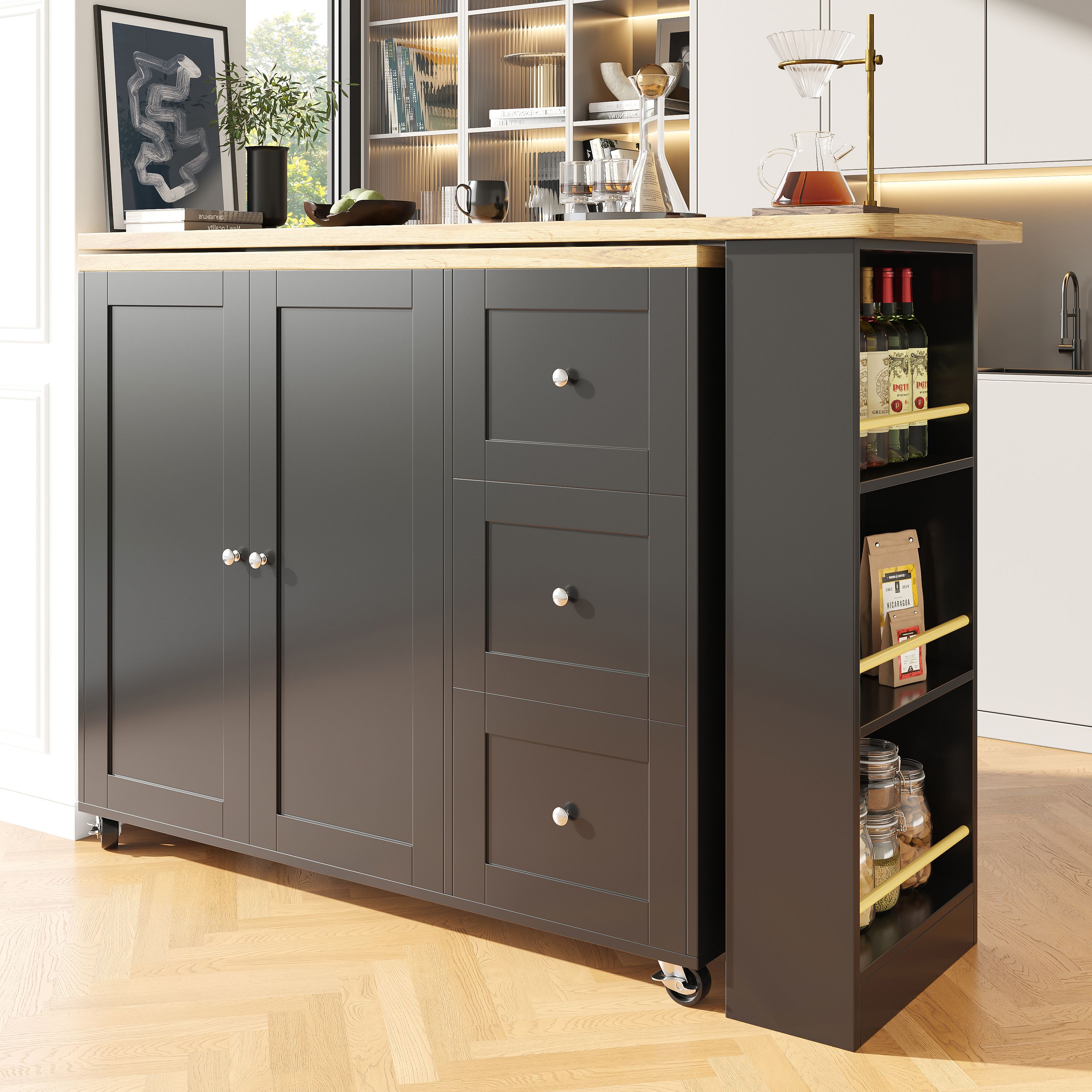 Îlot de cuisine noir sur roulettes avec rangement, extensible 360°, 3 tiroirs et étagère à snacks, 135-203 x 39 x 106 cm