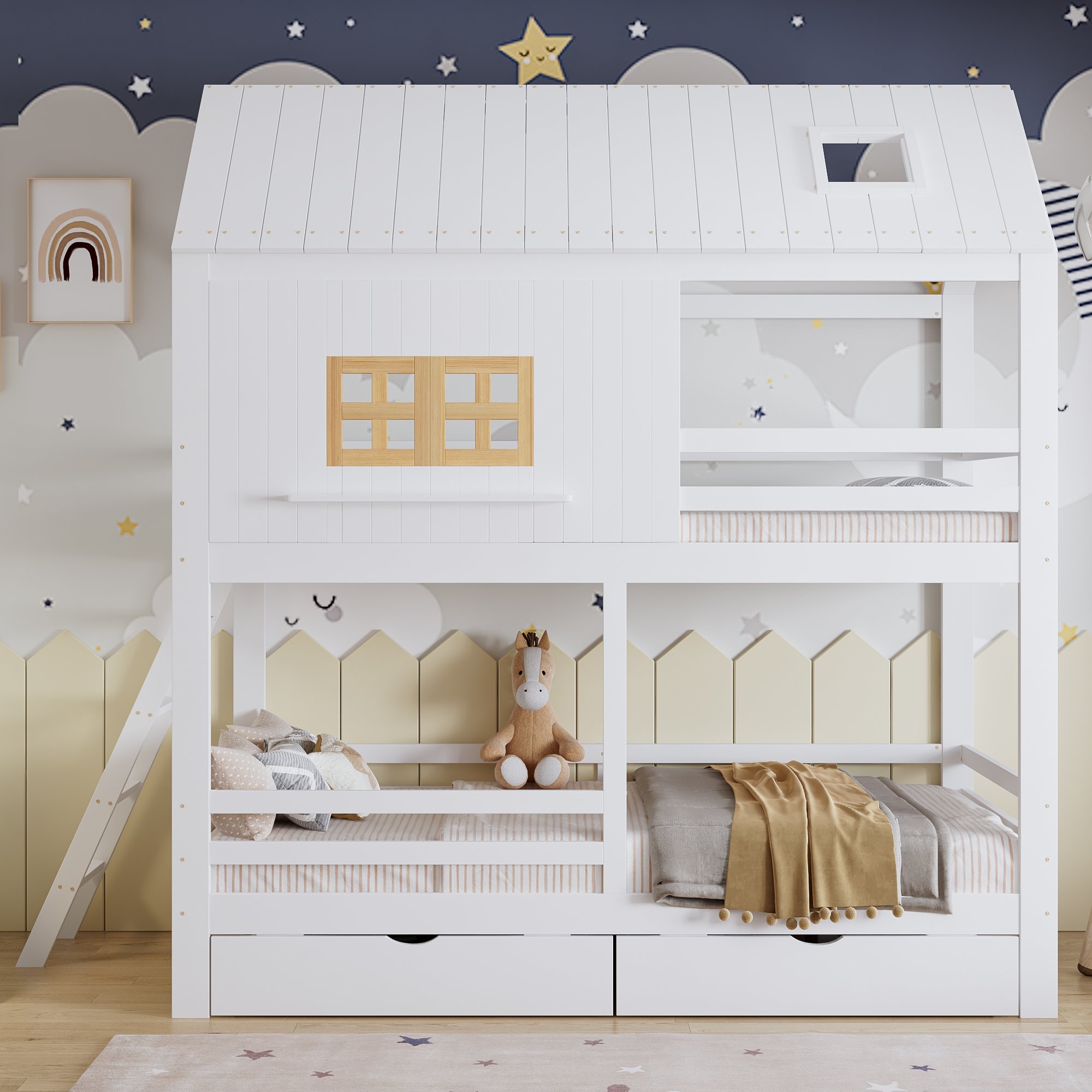 Lit superposé enfant 90x200 avec tiroirs, fenêtres et toit, en bois blanc et naturel