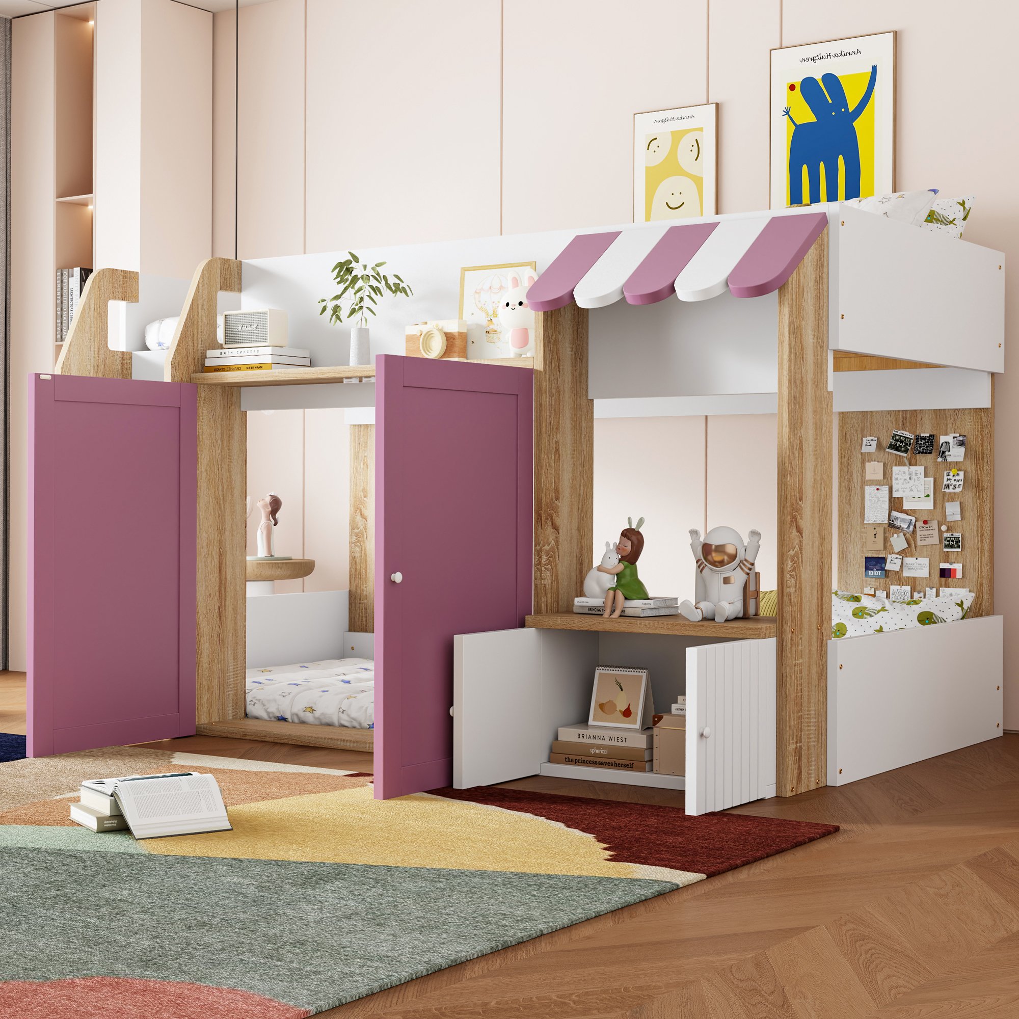 Lit cabane enfant 90x200 avec rangement et échelle, bois massif, blanc et rose, sans matelas