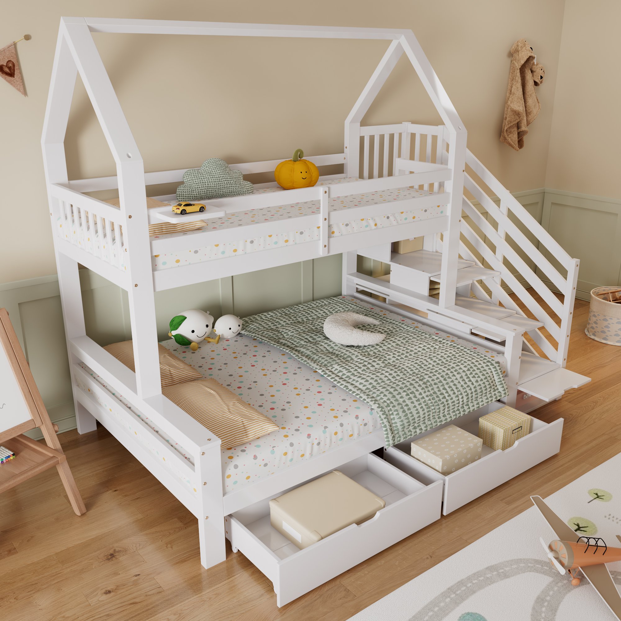Lit superposé enfant avec rangement et tiroirs, design toit, 90x200 et 140x200