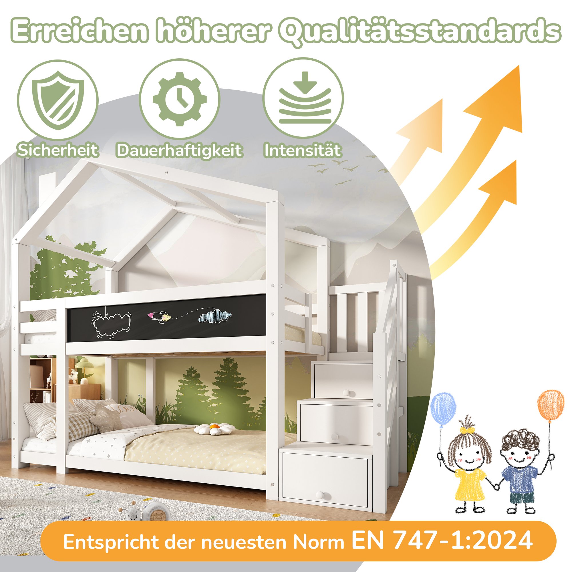Lit superposé enfant 90x200 avec rangement intégré sous escalier, tableau à dessin et certification sécurité EN 747