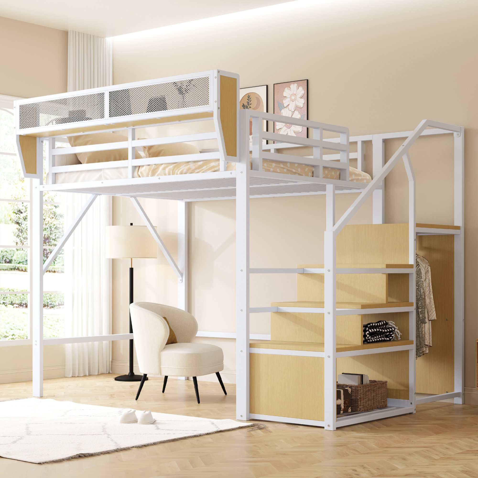 Lit mezzanine 140x200 avec échelle de sécurité et rangement, métal blanc, pour petit espace