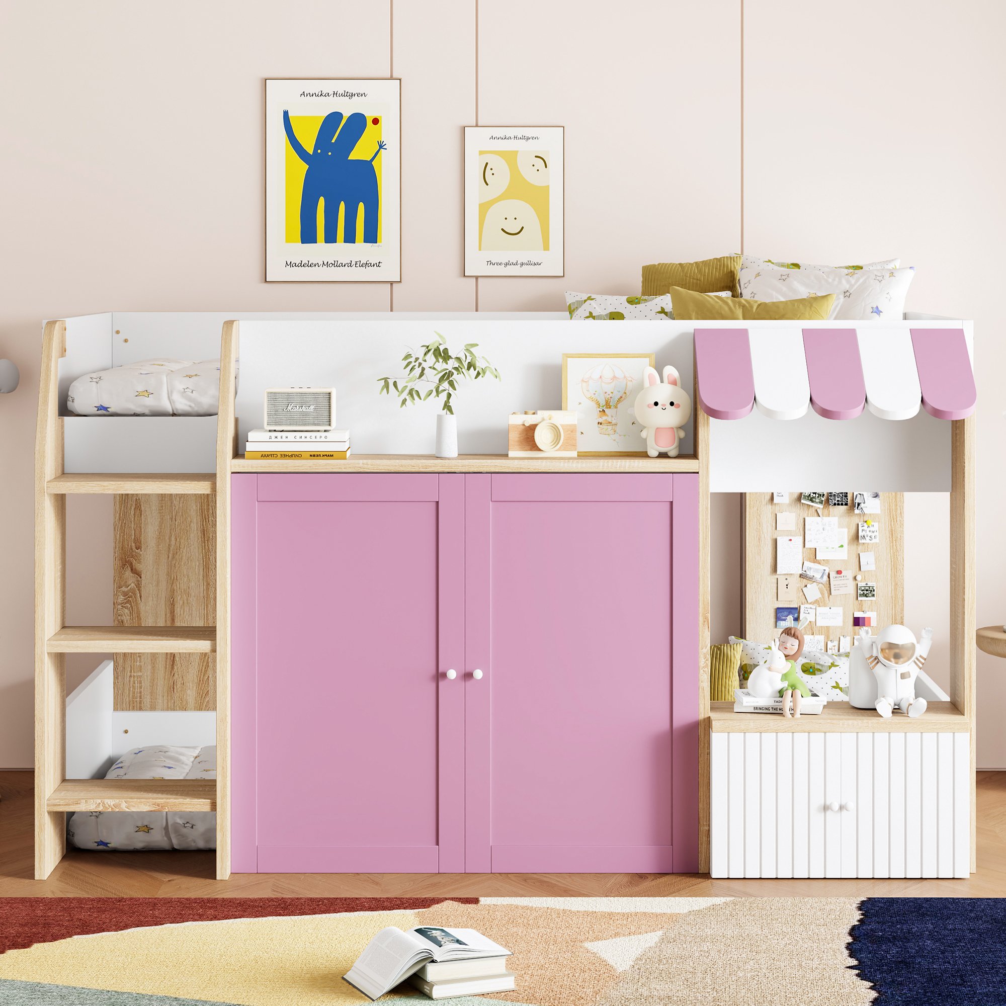 Lit cabane enfant 90x200 avec rangement et échelle, bois massif, blanc et rose, sans matelas