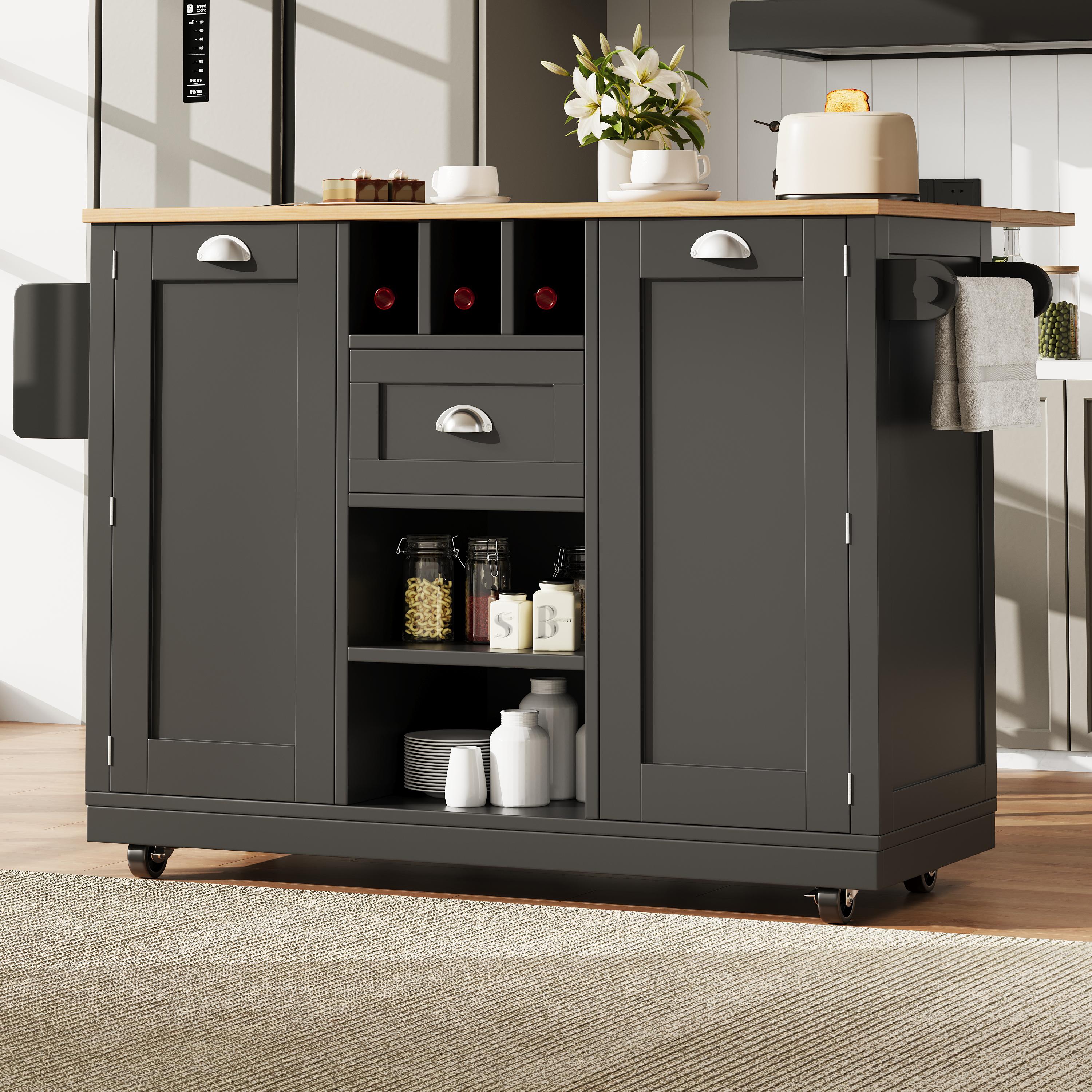 Îlot de cuisine noir sur roulettes avec rangement, porte-serviettes et casier à vin, plan de travail en Panneau composite de fibres de bois à densité