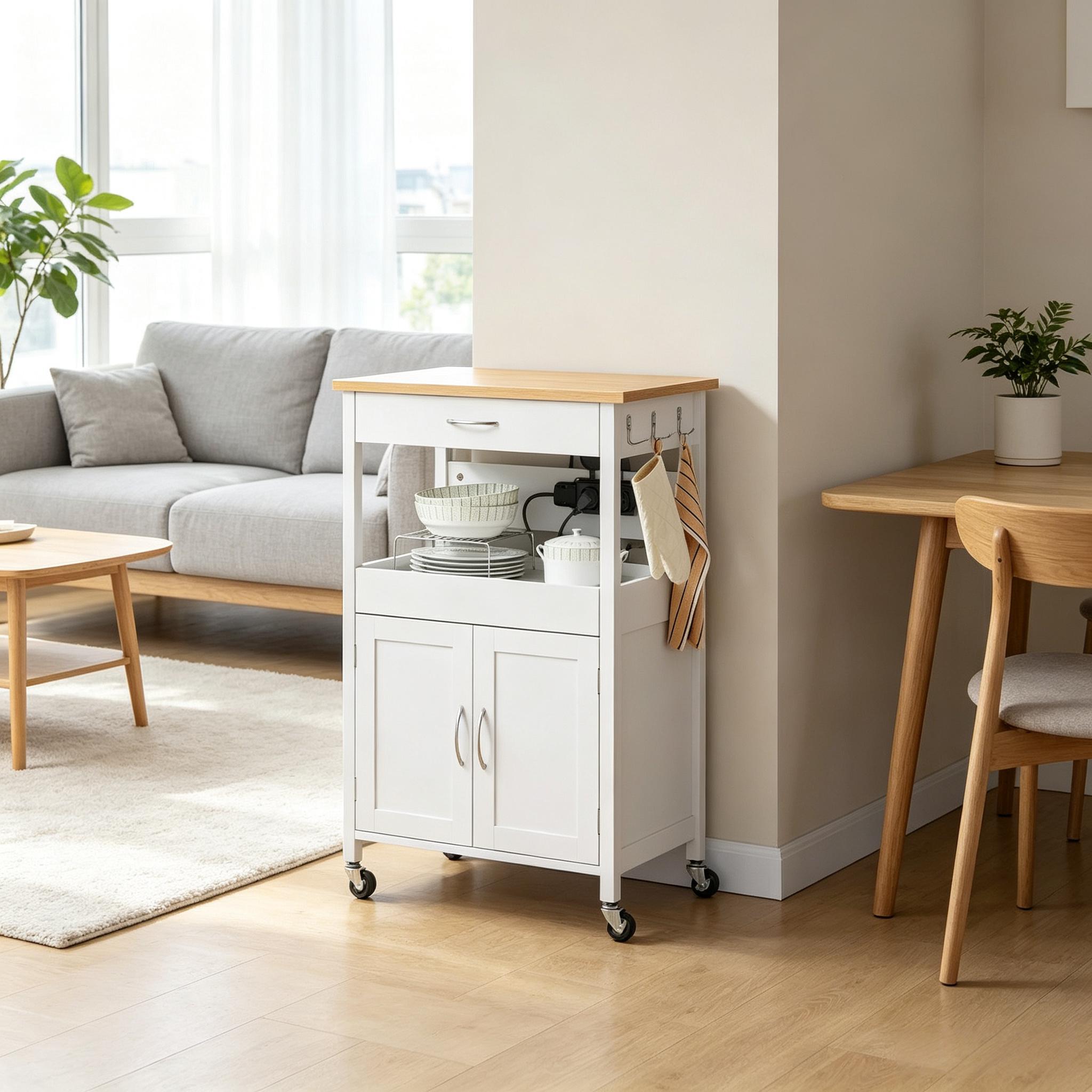 Îlot de cuisine roulant avec 2 prises électriques et rangement, tiroir, étagère, placard, blanc, 60x45x92 cm