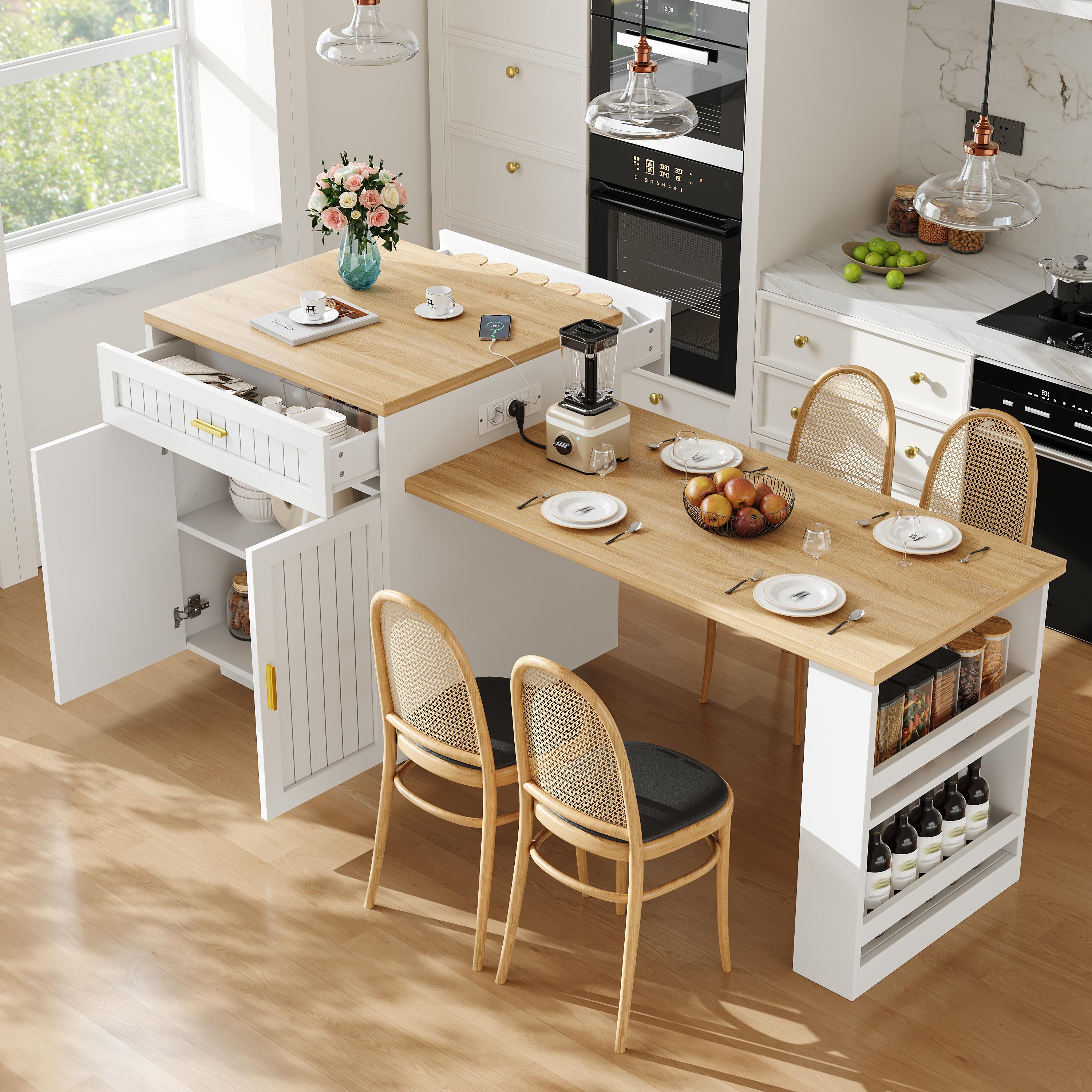 Îlot de cuisine avec table intégrée, extensible, blanc, prise intégrée, rangement, portes cannelées, 121,5-192 cm