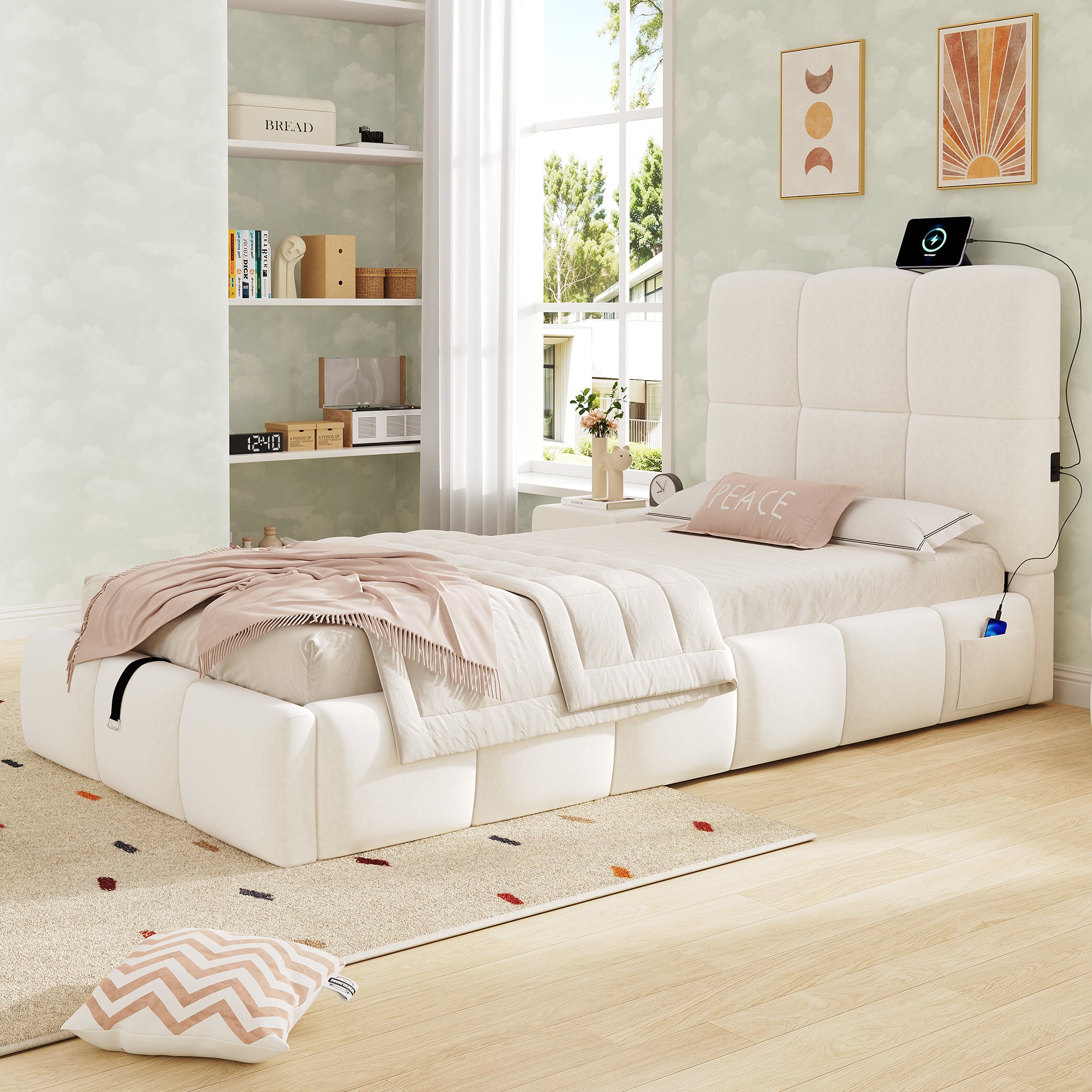 Lit coffre simple 90x200 cm en velours beige, hauteur totale 99 cm, capacité 150 kg, avec sommier à lattes et port de charge USB