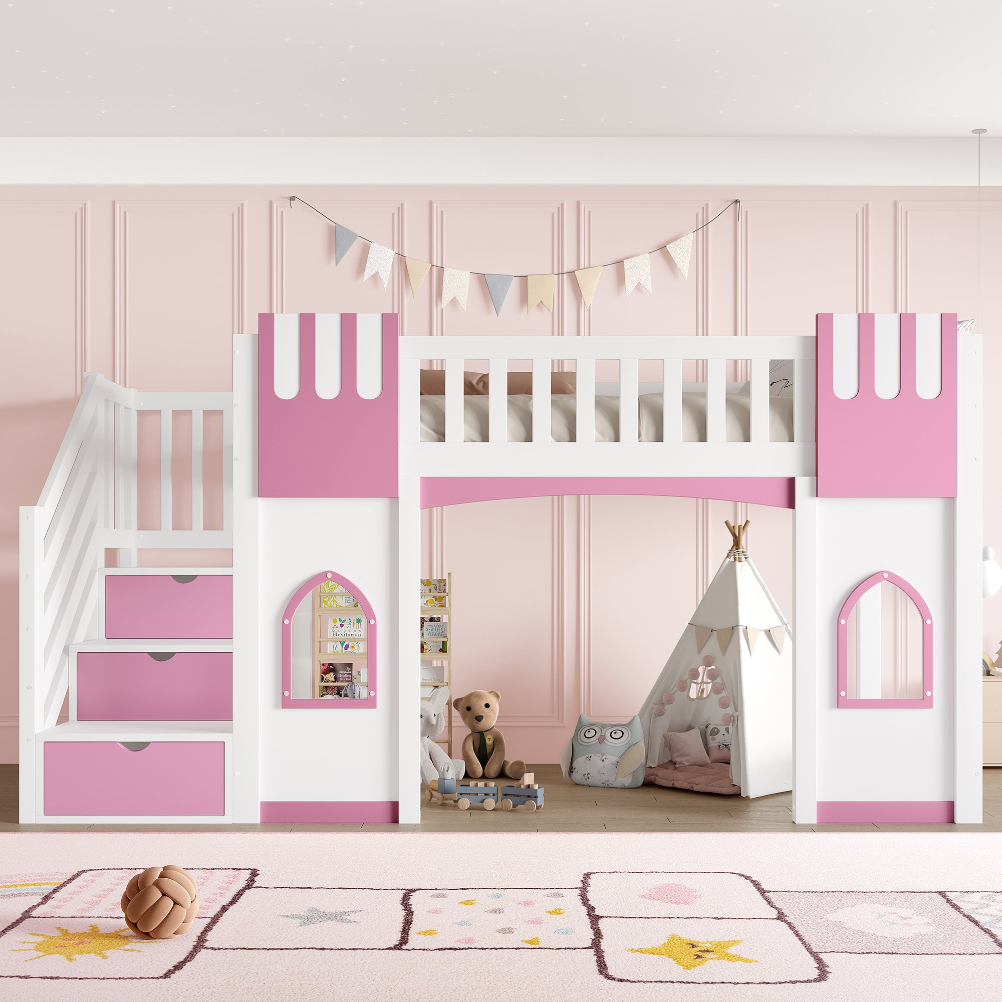 Lit mezzanine 90x200 blanc et rose avec escalier rangement et fenêtres, en pin et Panneau composite de fibres de bois à densité