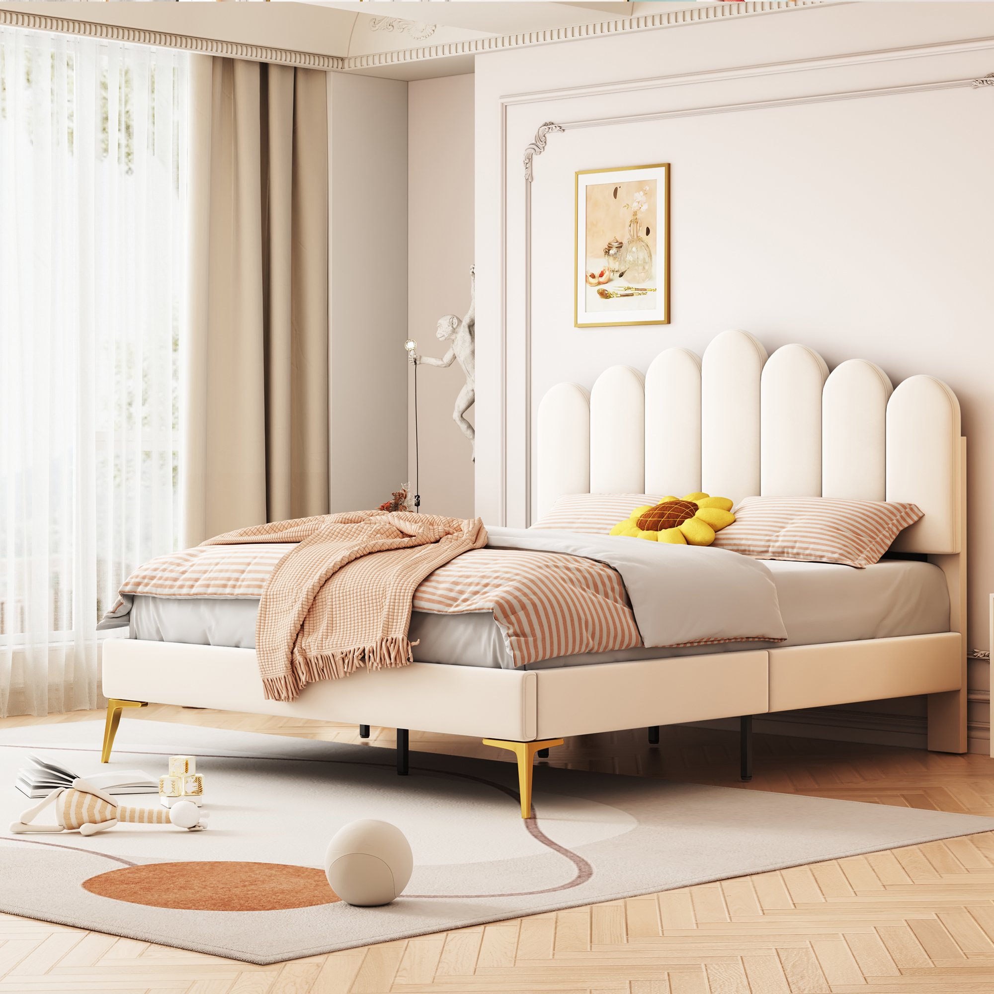 Lit rembourré 140x200 en velours beige, structure Panneau composite de fibres de bois à densité et métal, avec sommier