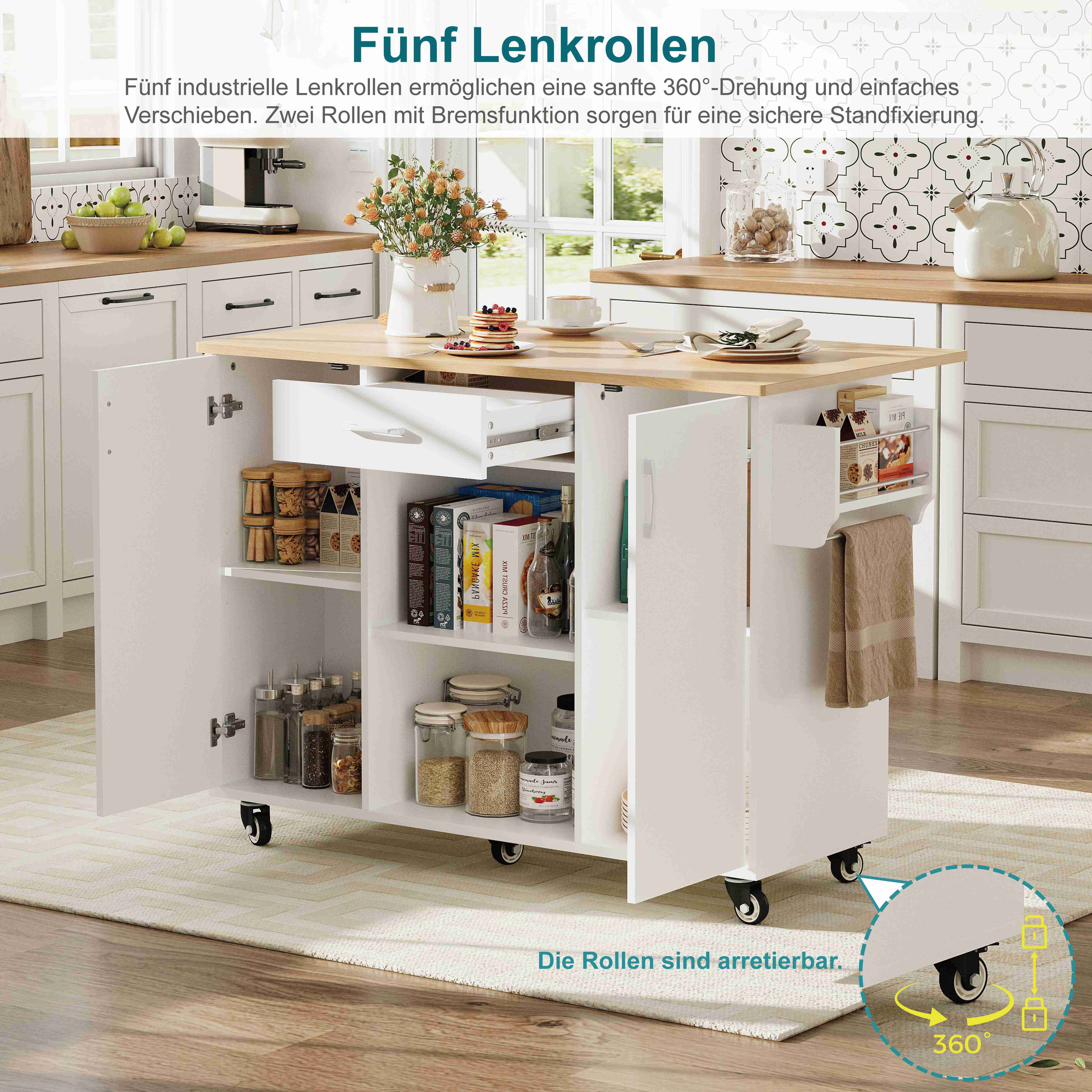 Îlot de cuisine 120 cm avec rangement, tiroir, placards, roulettes et plan de travail rabattable, blanc et chêne