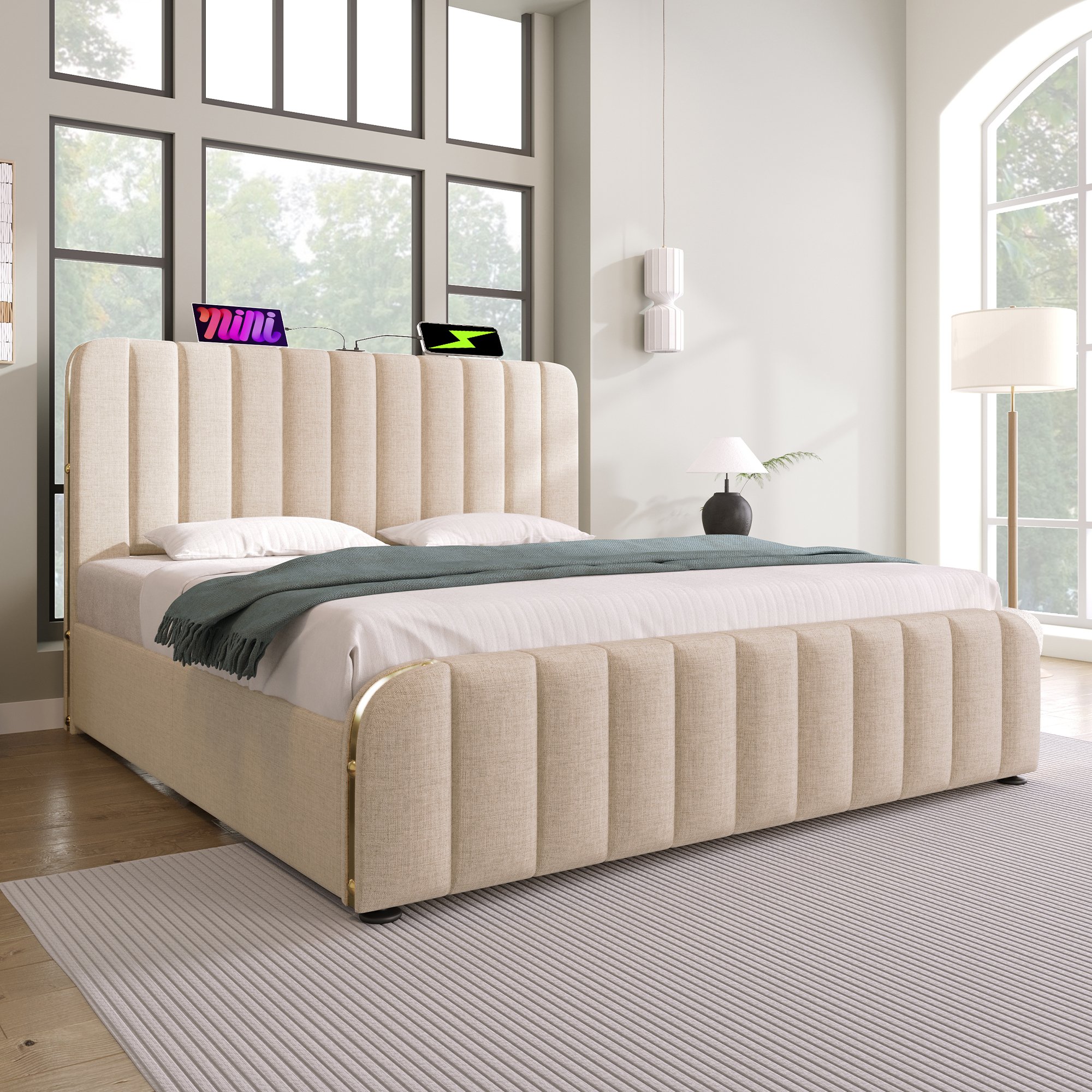 lit coffre 140x200 beige en tissu lin avec rangement hydraulique, sommier à lattes et ports USB Type-C