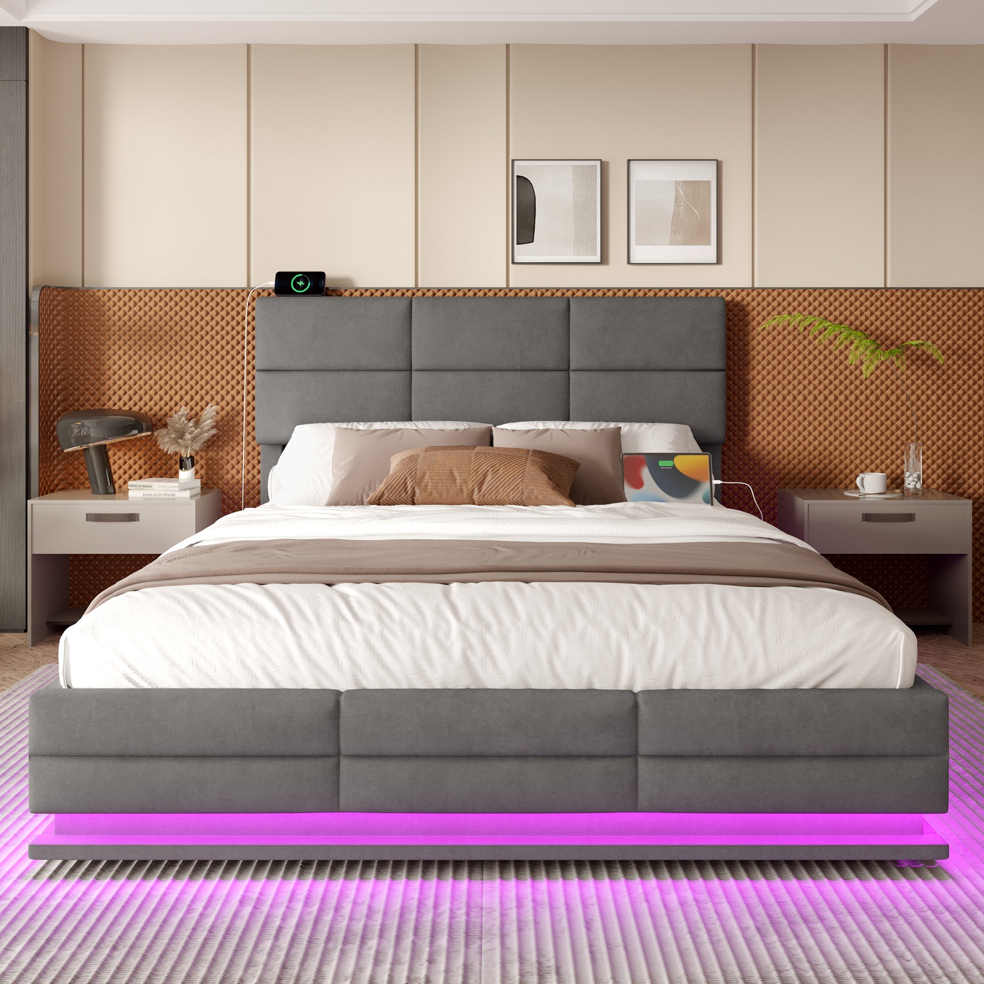 Lit coffre 180x200 en velours gris avec tête réglable, LED, USB et rangement hydraulique