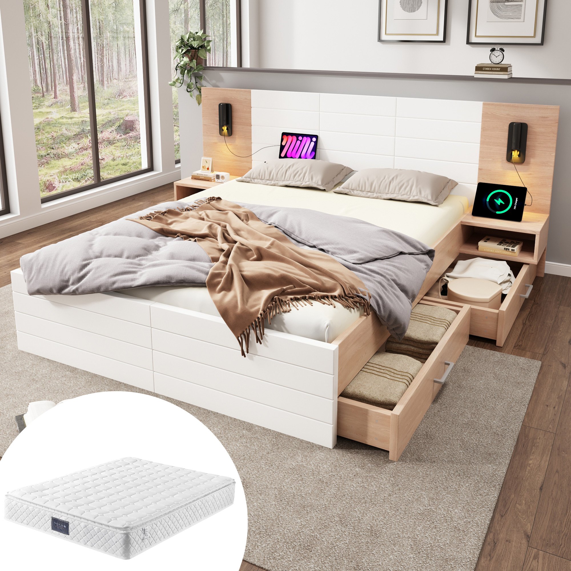 Lit coffre 140x200 en bois massif et Panneau composite de fibres de bois à densité blanc, structure robuste avec tiroirs et matelas