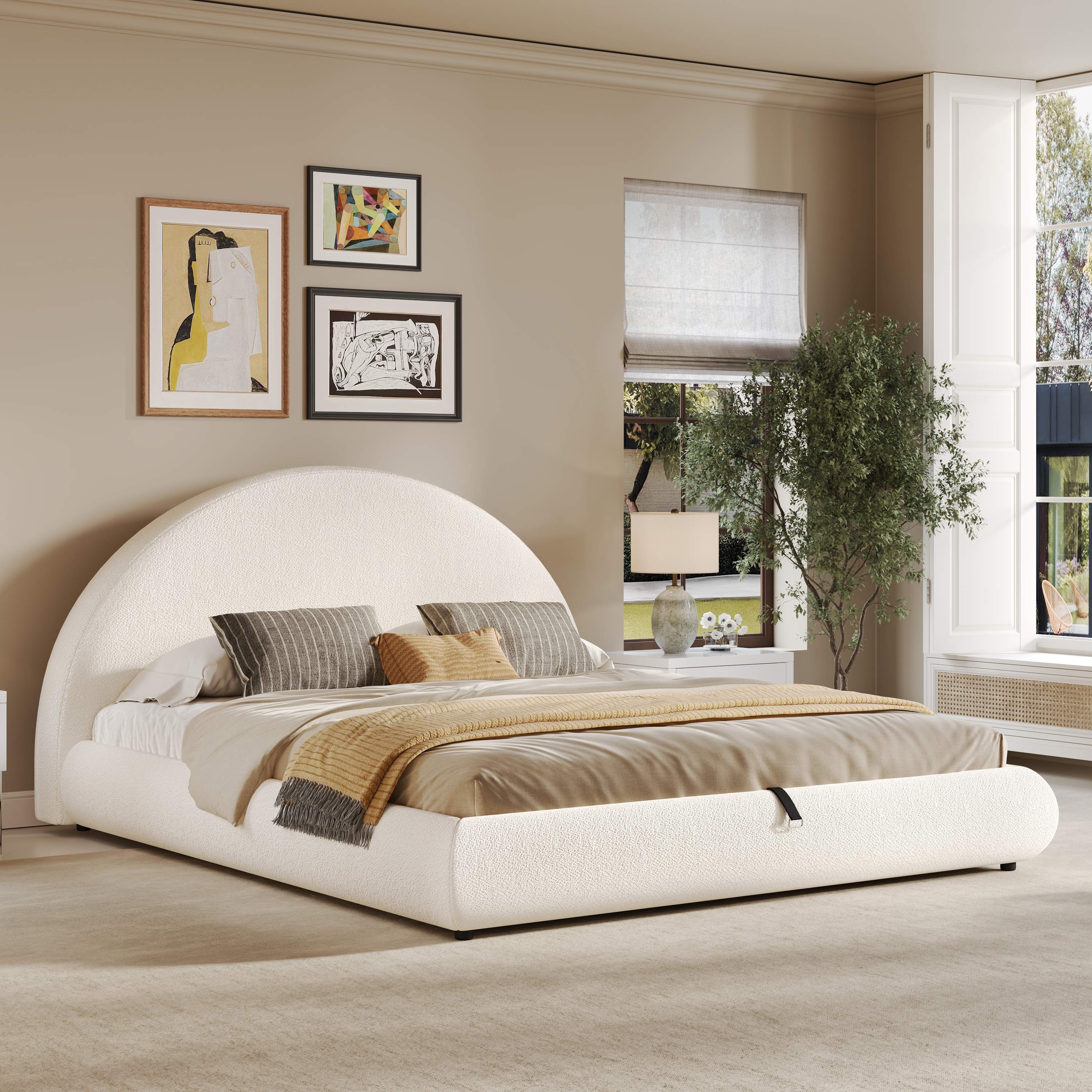 Lit coffre double 180x200 blanc en tissu bouclé avec sommier à lattes et grand espace de rangement sous le lit
