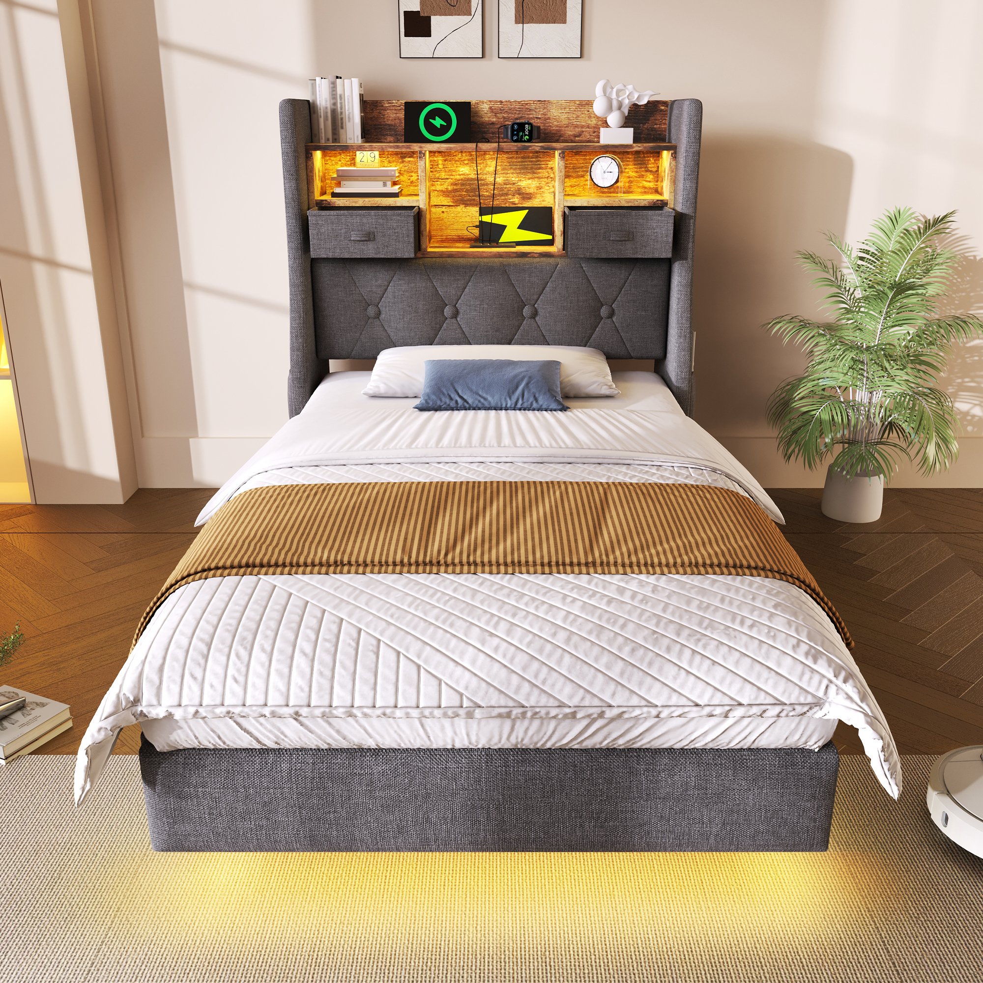 Lit LED 90x200 avec matelas et coffrage : lit coffre gris en lin avec USB, Type-C et sommier à lattes