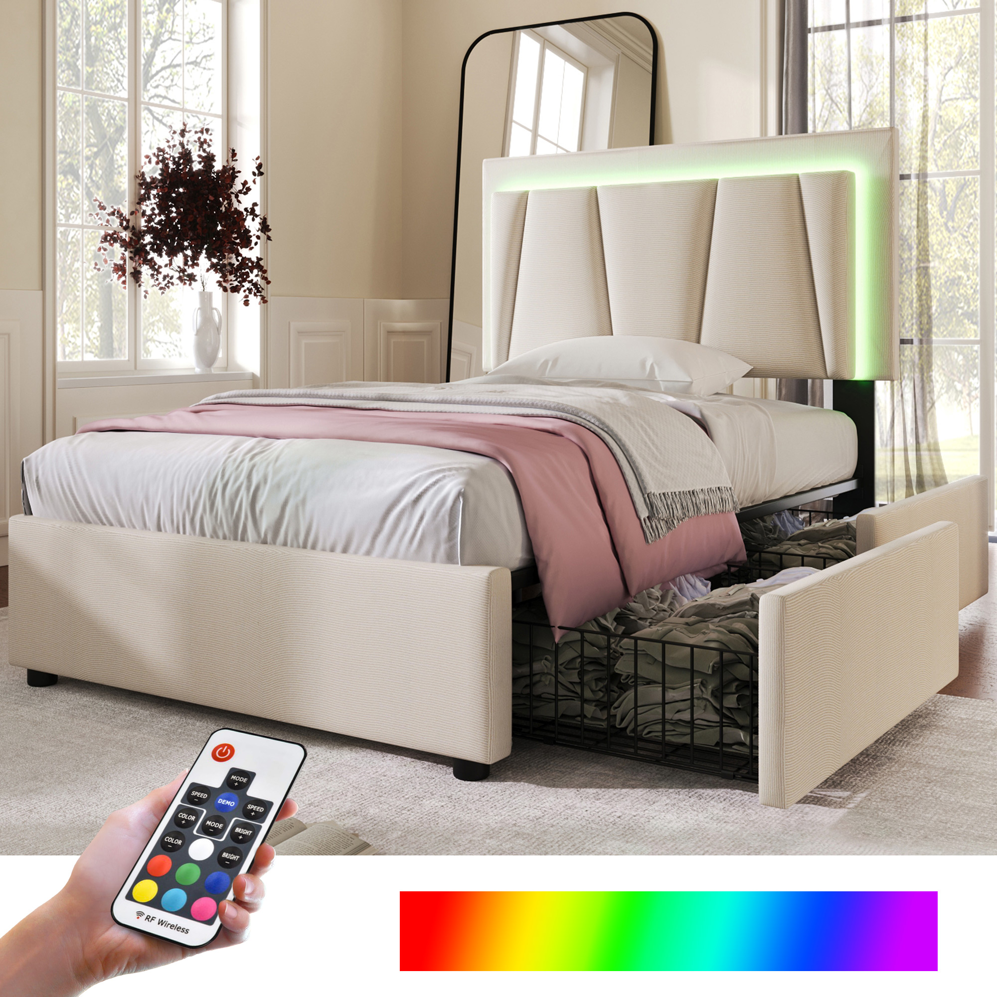 Lit LED 90x200 avec matelas ressorts et sommier, tête de lit rembourrée réglable hauteur et tiroirs beige