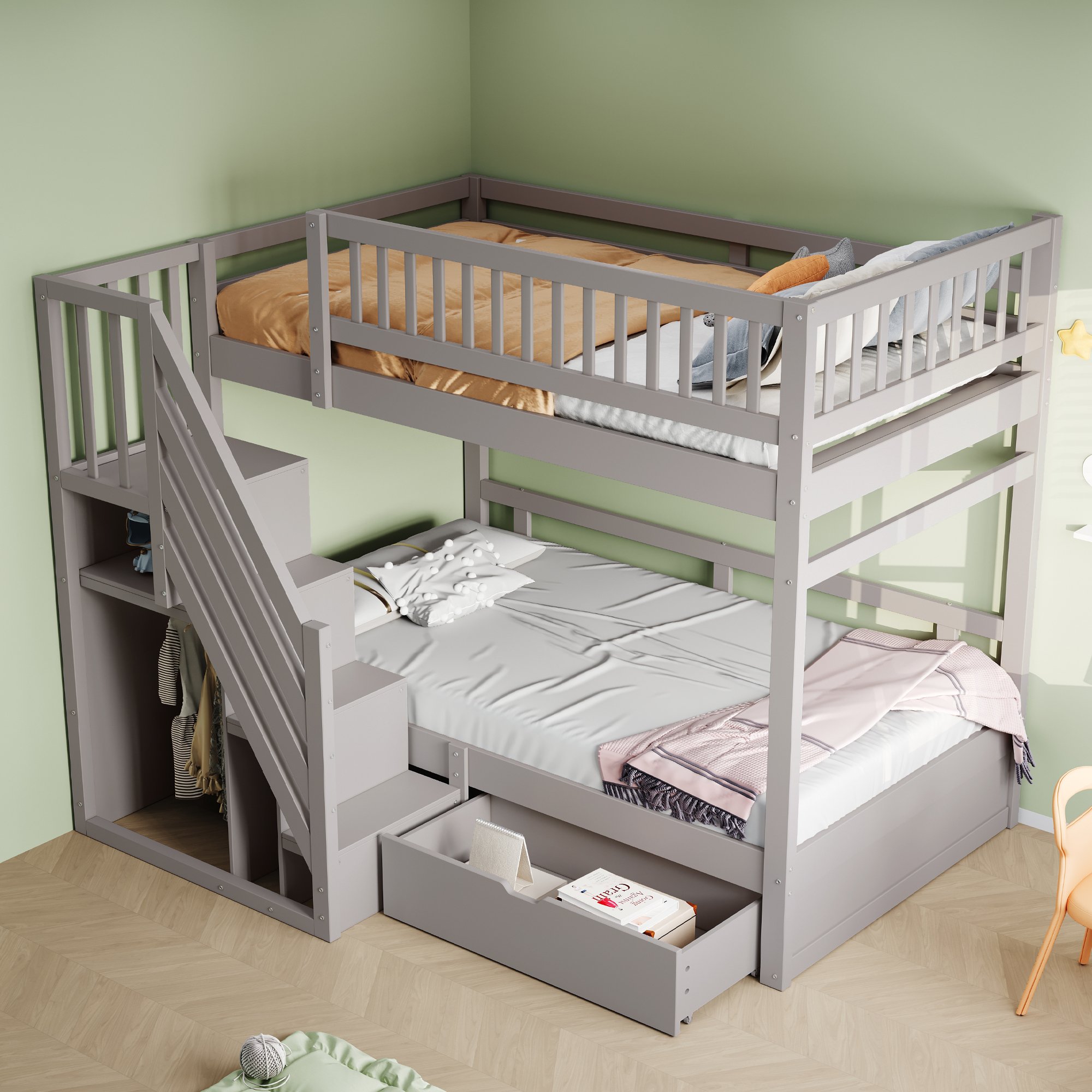 Lit superposé 90x200 cm en bois massif avec rangements, échelle sécurisée et tiroirs pour enfant