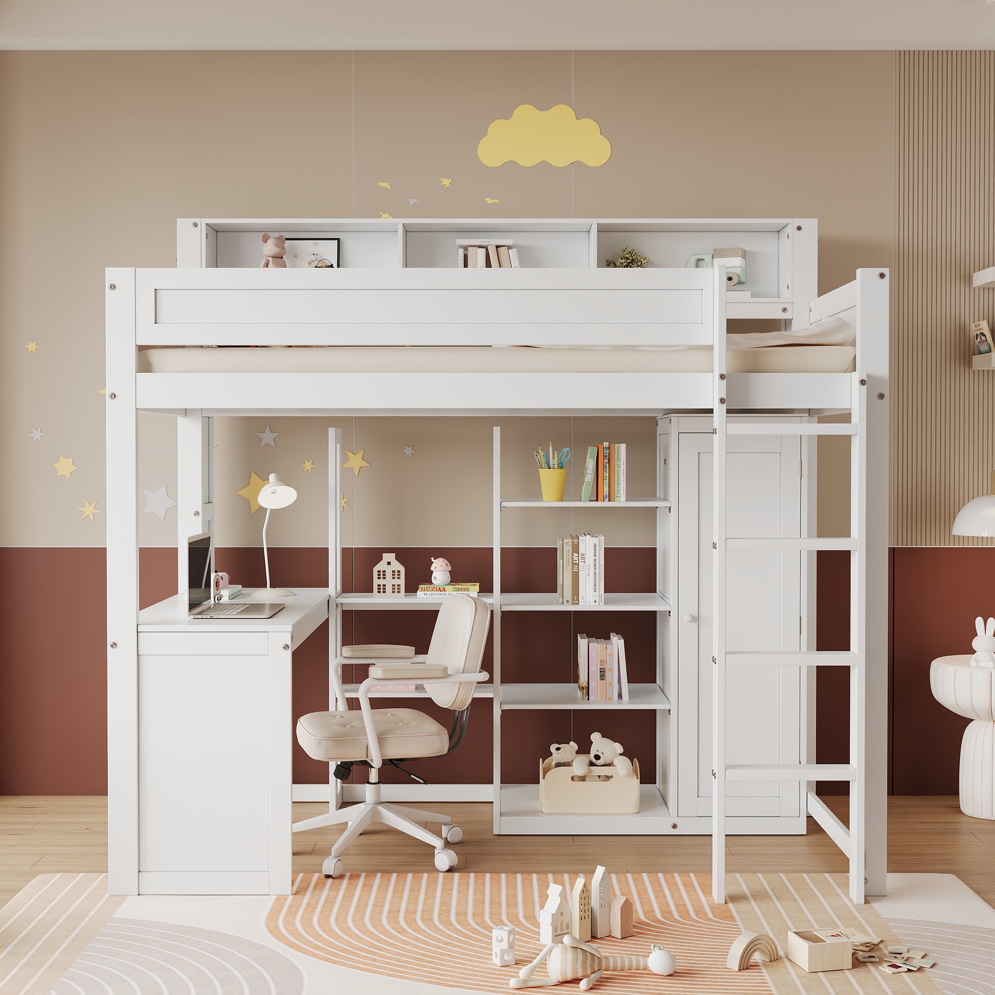 Lit superposé 90x200 cm, 2 couchages, avec rangements, bureau et armoire, blanc