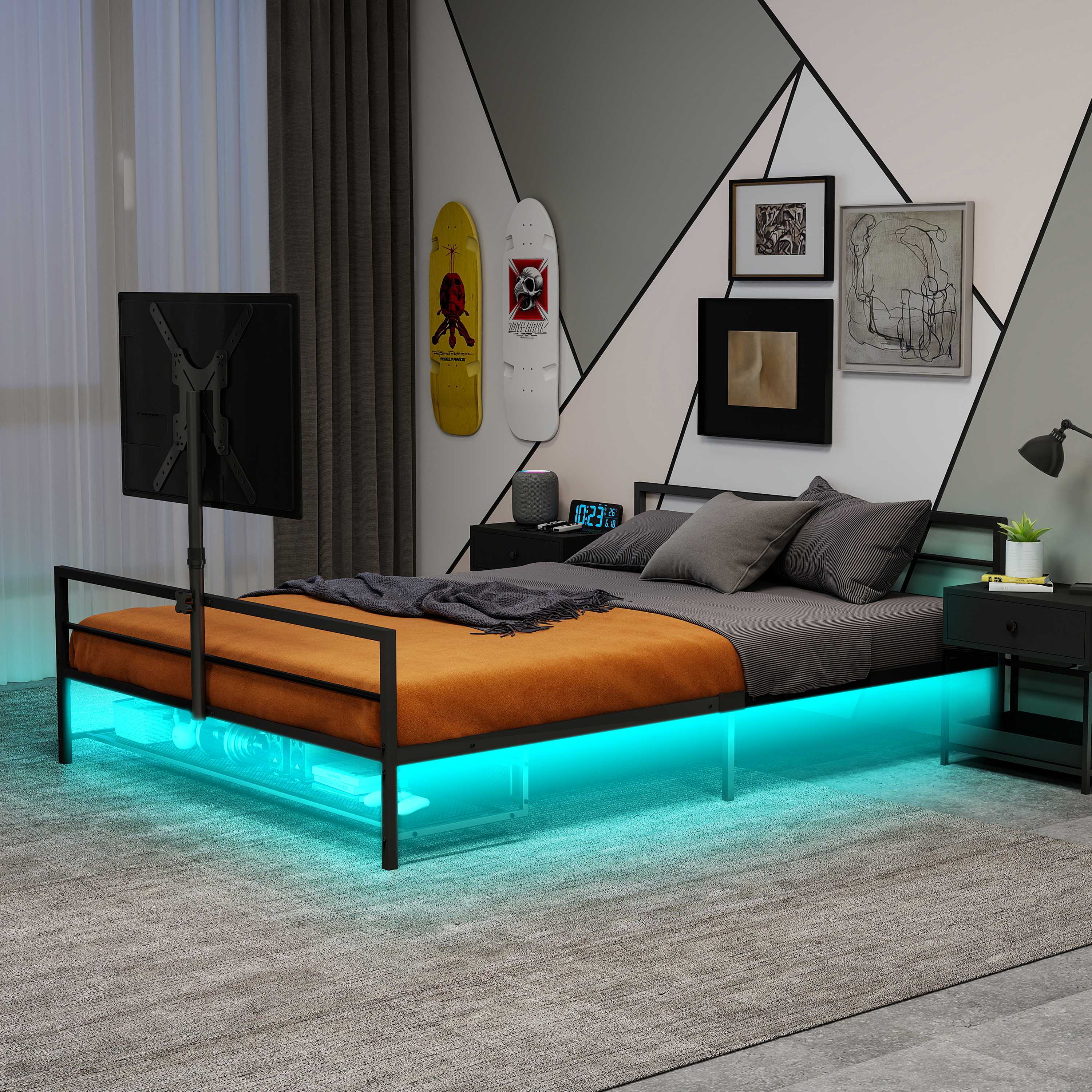 Lit coffre 90x200 avec LED et rangement pour chambre adulte, style gaming avec support moniteur