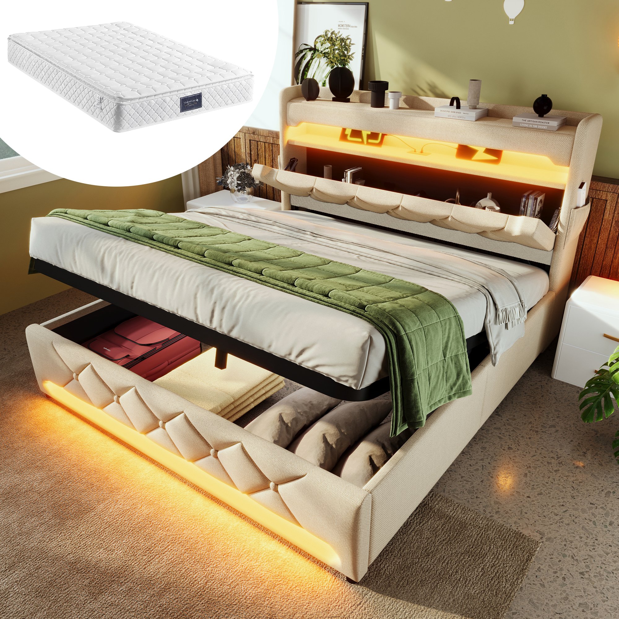 lit coffre 140x200 beige avec matelas, rangement hydraulique, LED 360°, ports USB/Type-C et tête de lit rembourrée