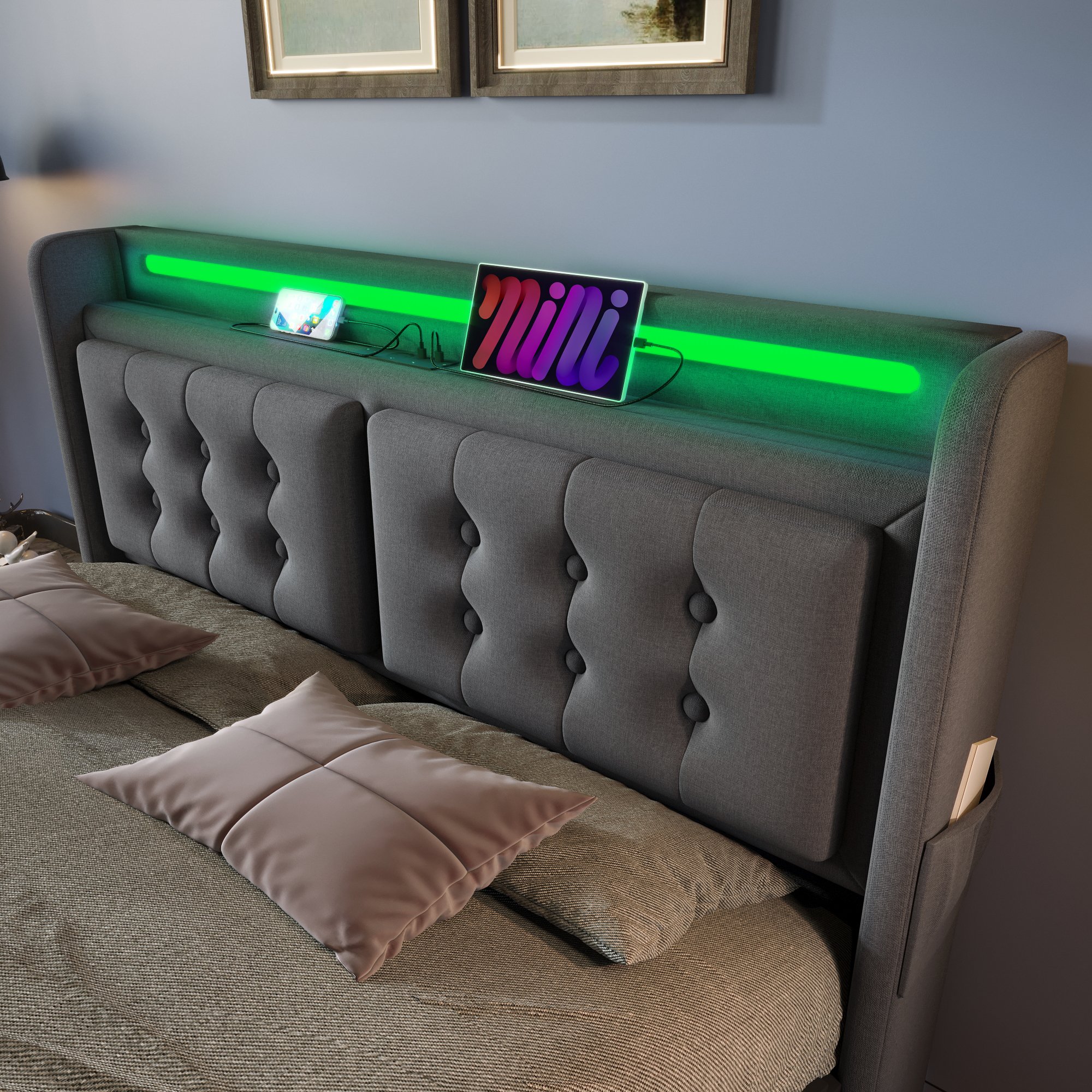 lit coffre 160x200 gris avec LED télécommande, USB Type-C, rangement hydraulique et tête de lit capitonnée