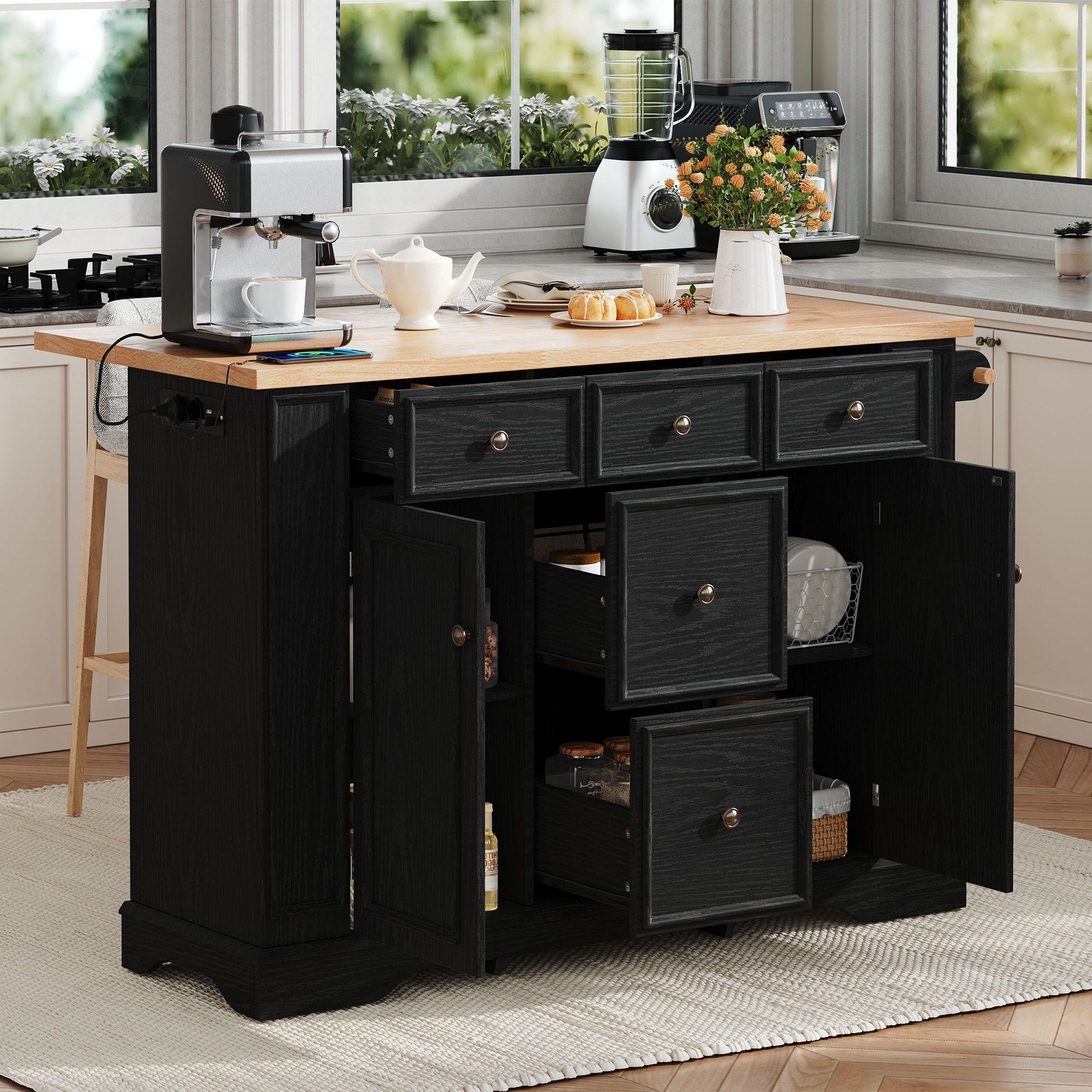 Îlot central noir avec rangement, plan de travail extensible, prises et USB, en Panneau composite de fibres de bois à densité, 130,5 x 40-65 x 92 cm, pour cuisine
