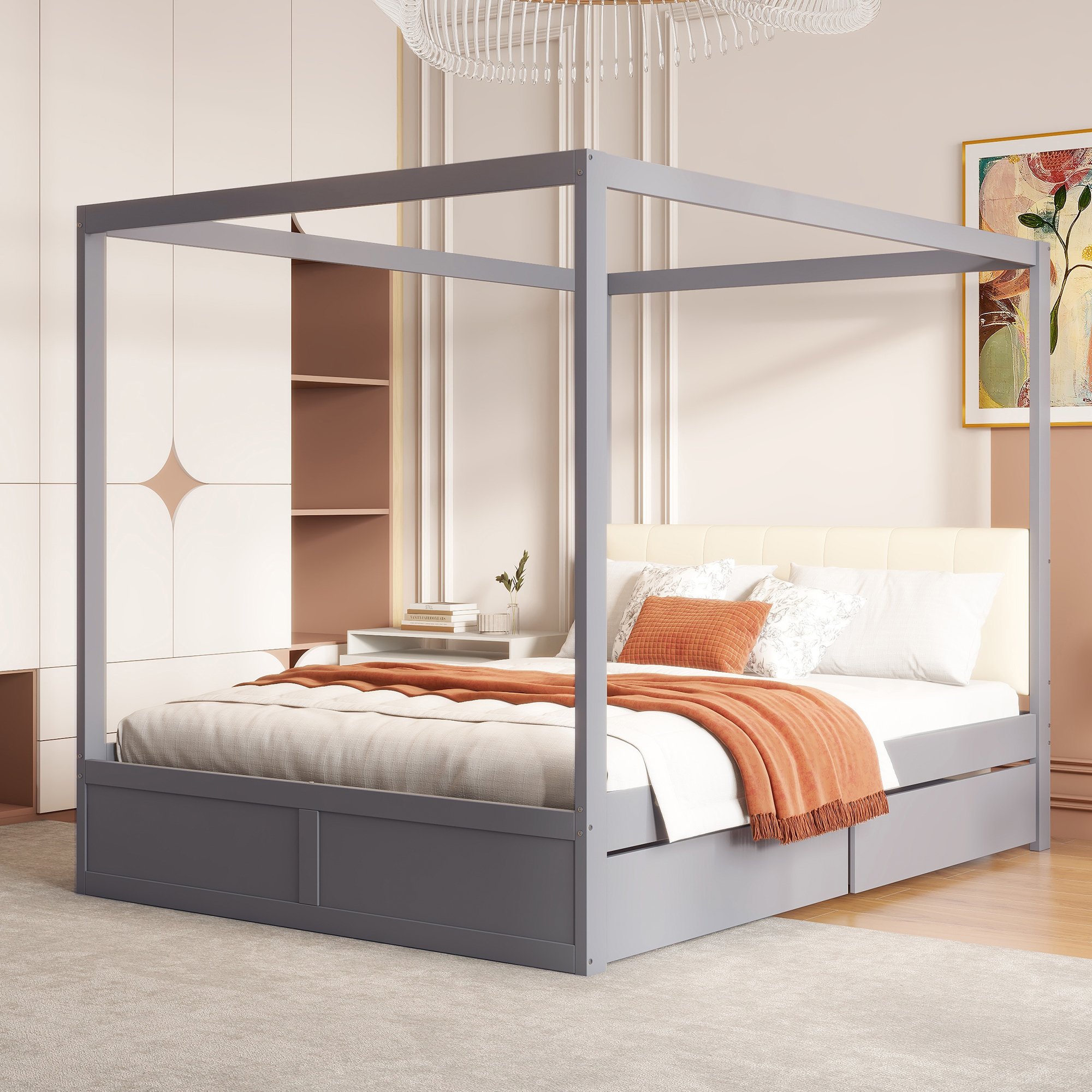 Lit coffre 140x200 en bois massif et tissu avec tête de lit rembourrée, gris