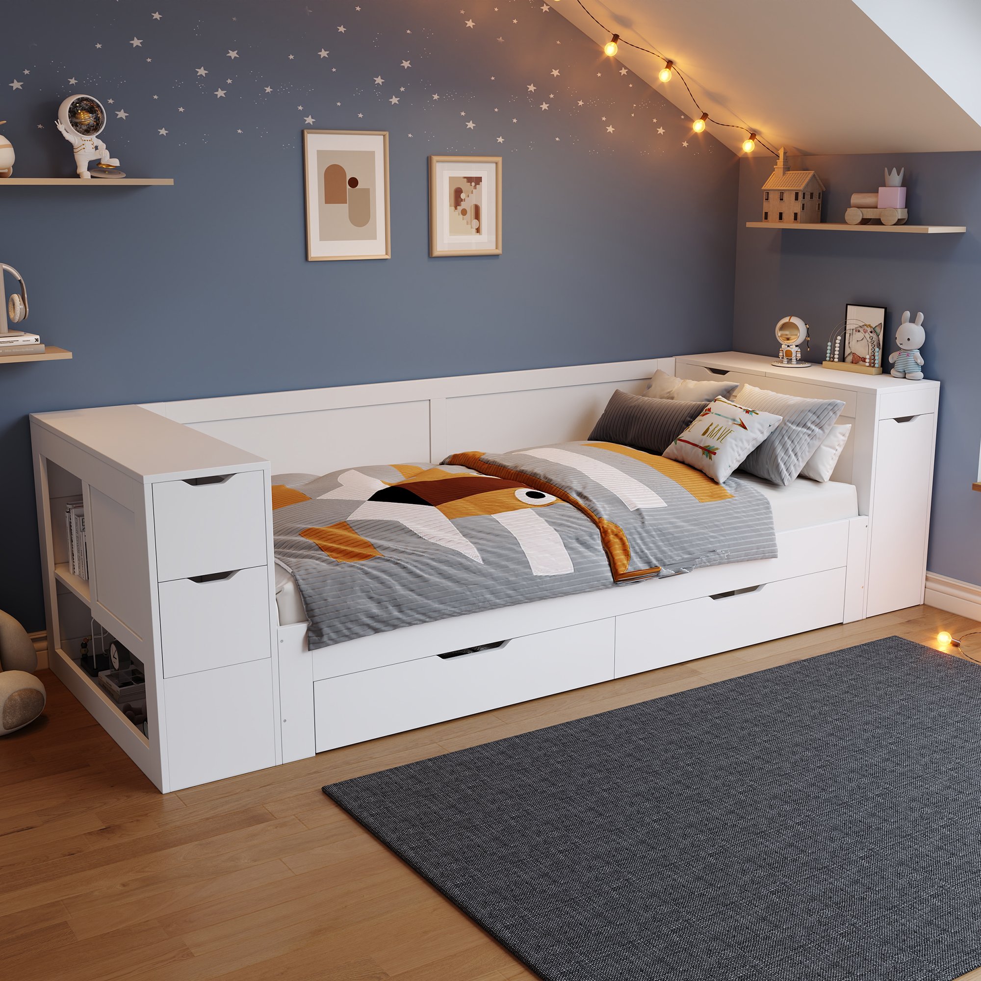 Lit enfant avec rangement blanc 90x200 cm, lit simple Panneau composite de fibres de bois à densité multifonction avec tiroirs et étagères, sans matelas