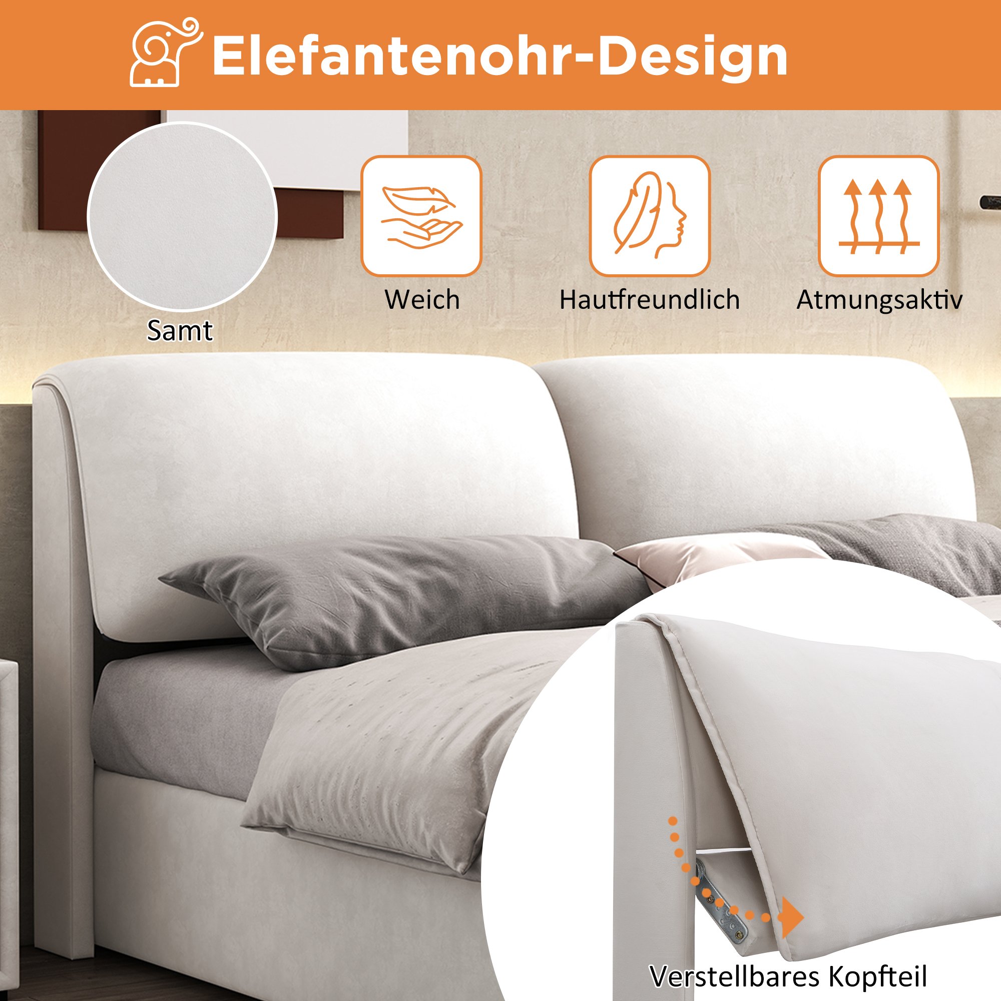 Lit coffre double 160x200 beige velours avec tiroirs et sommier à lattes, ouverture hydraulique pour rangement pratique.