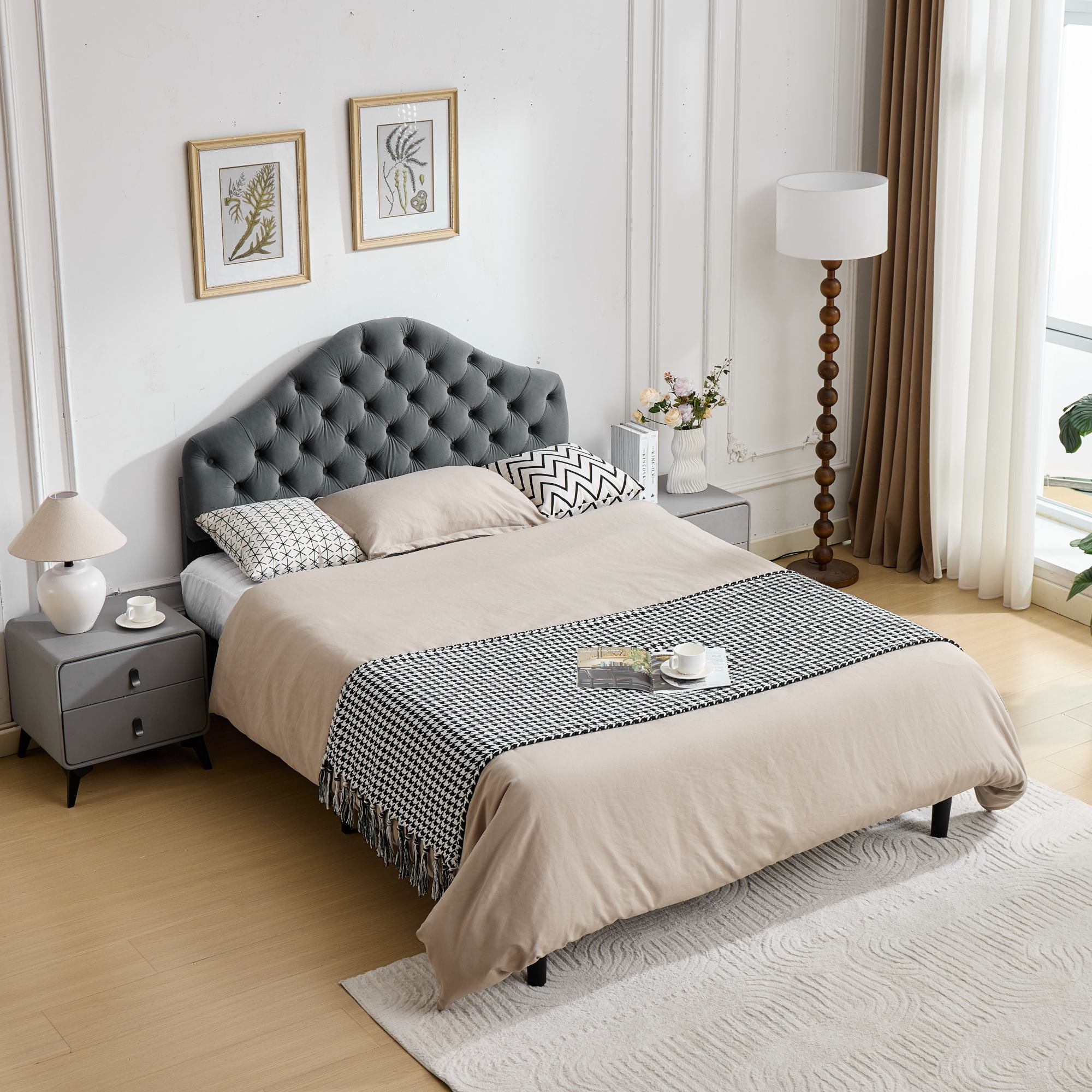 Lit rembourré 140x200 velours gris avec tête de lit réglable et sommier à lattes