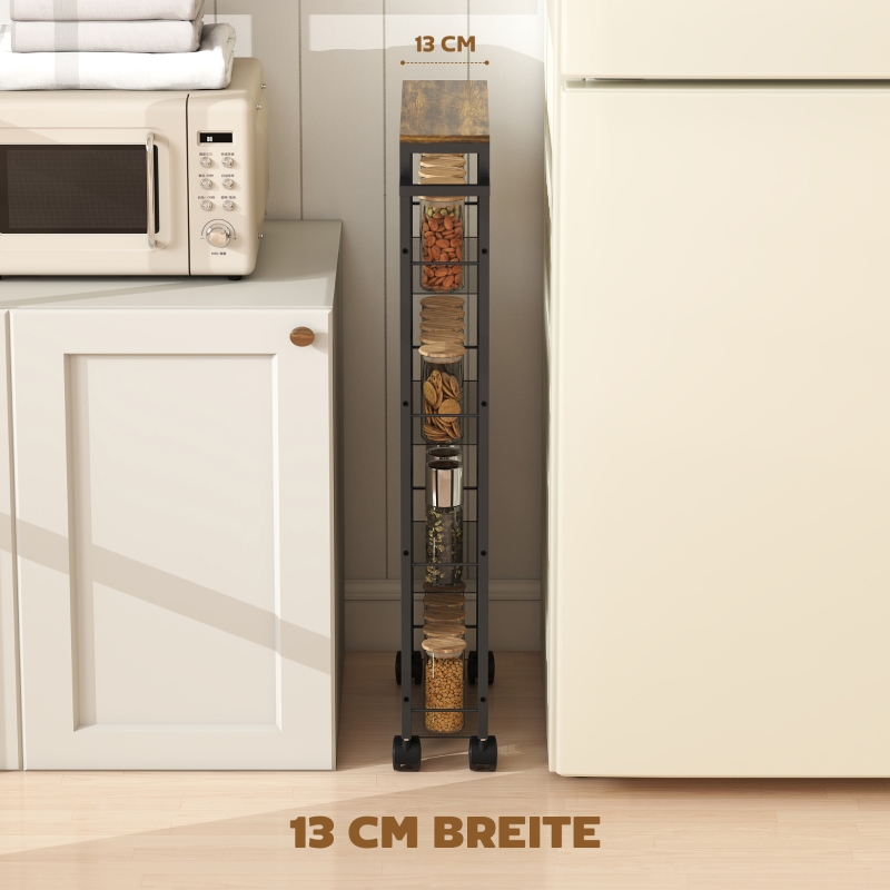 Îlot de cuisine roulant avec 5 étagères, plan de travail, poignée latérale et freins, idéal pour rangement et préparation, noir