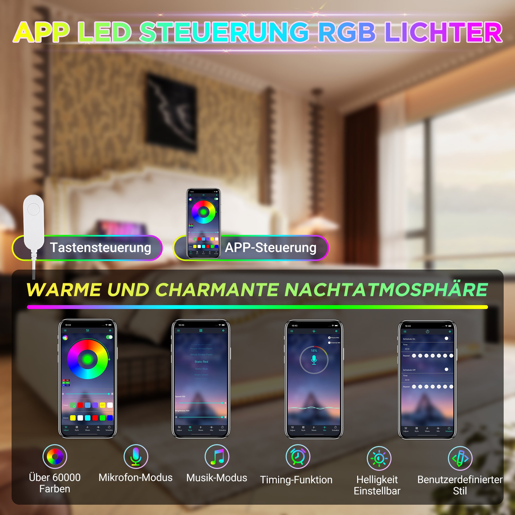 lit coffre 140x200 pour lit double, cadre robuste avec 4 tiroirs de rangement et LED RGB