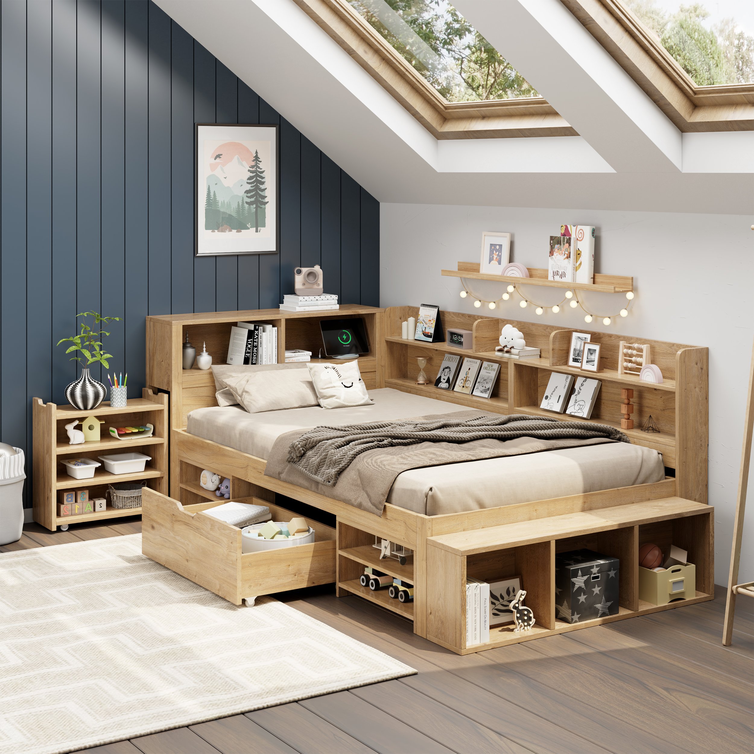 Lit enfant avec rangement en contreplaqué naturel, structure robuste avec tiroirs latéraux et tête de lit fonctionnelle