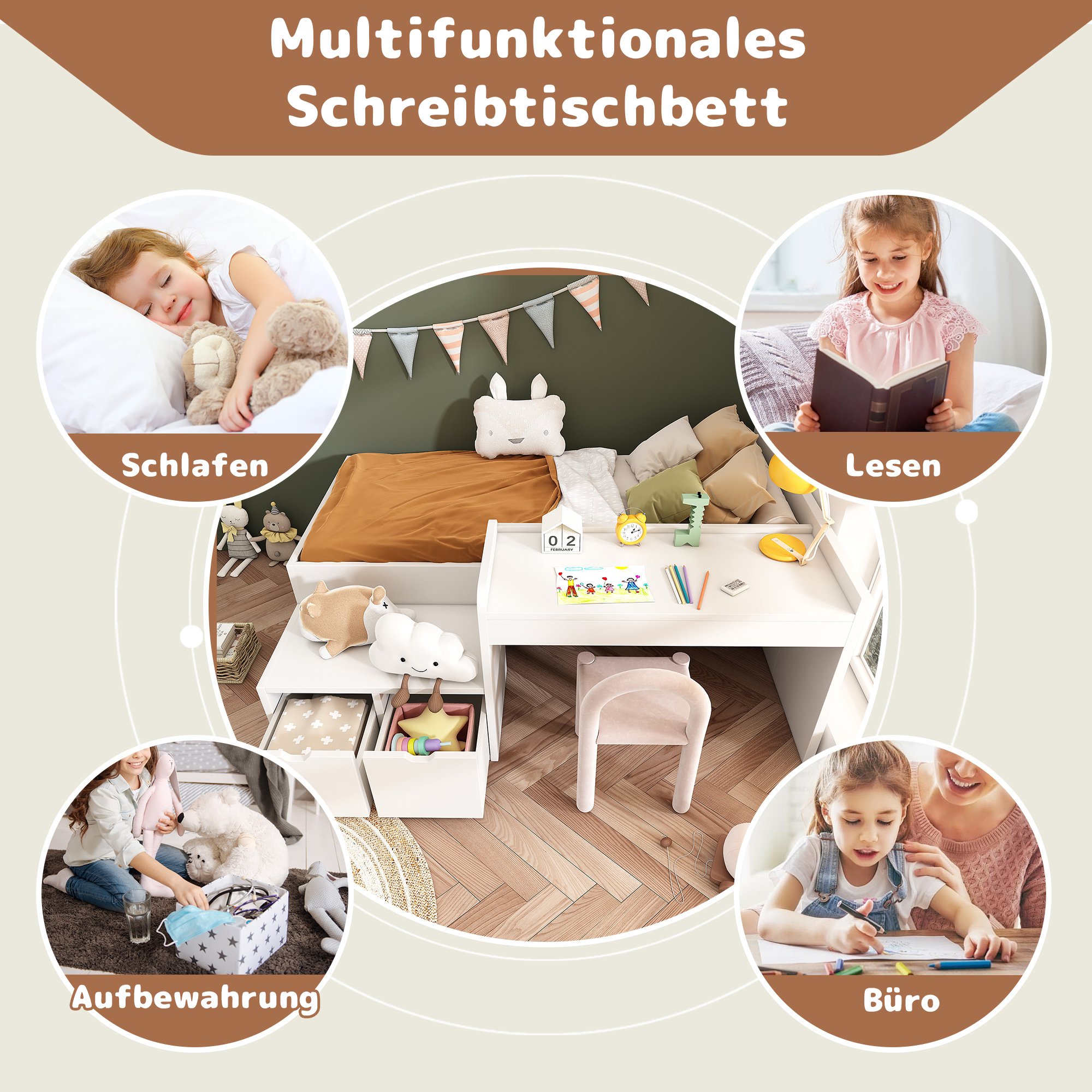 lit enfant avec tiroirs 90x200 blanc en bois massif avec bureau intégré et sommier à lattes