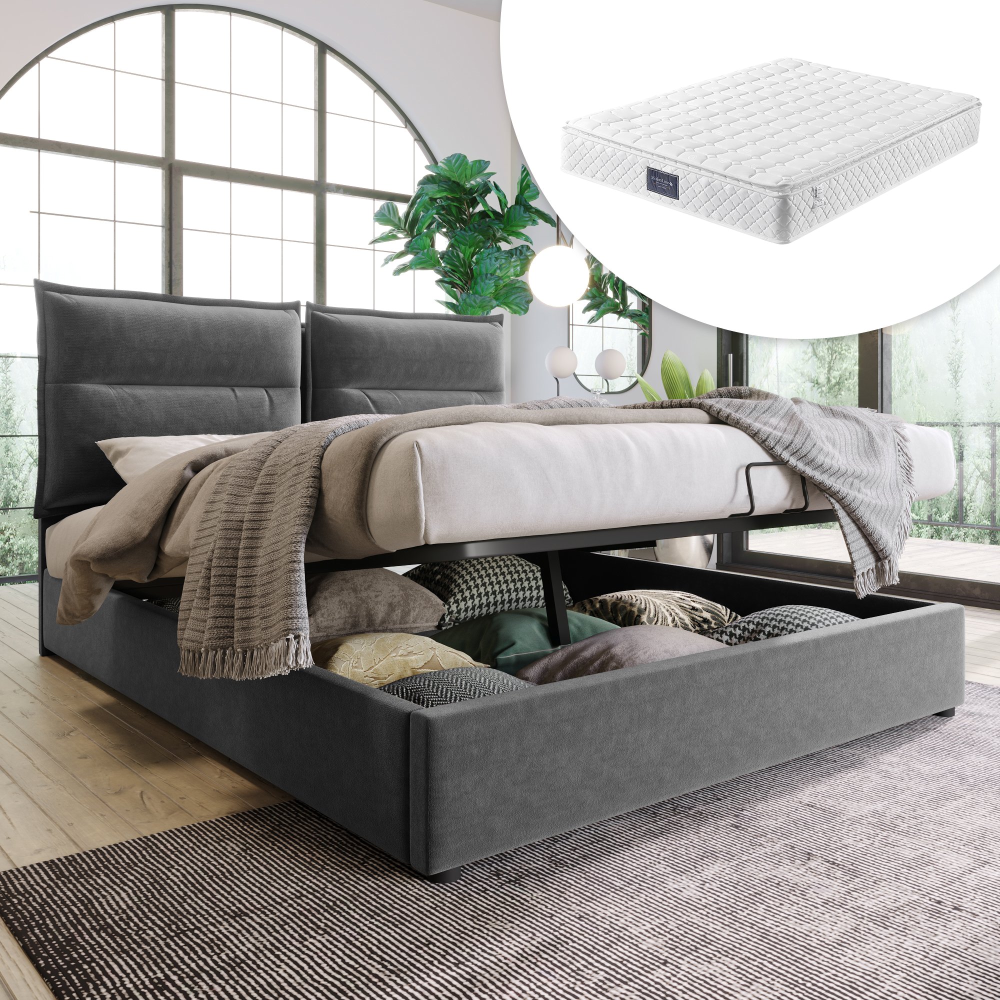 lit coffre 140x200 en velours gris avec tête de lit réglable et rangement hydraulique, incluant matelas