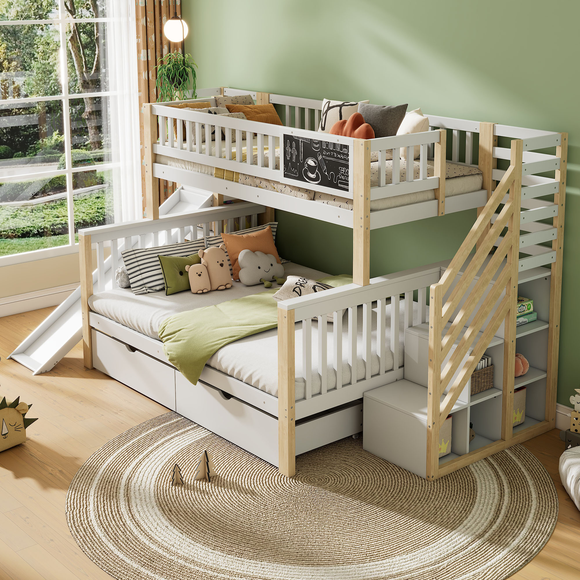 Lit cabane enfant avec toboggan, tableau et rangements intégrés, 2 couchages 90x200 et 140x200