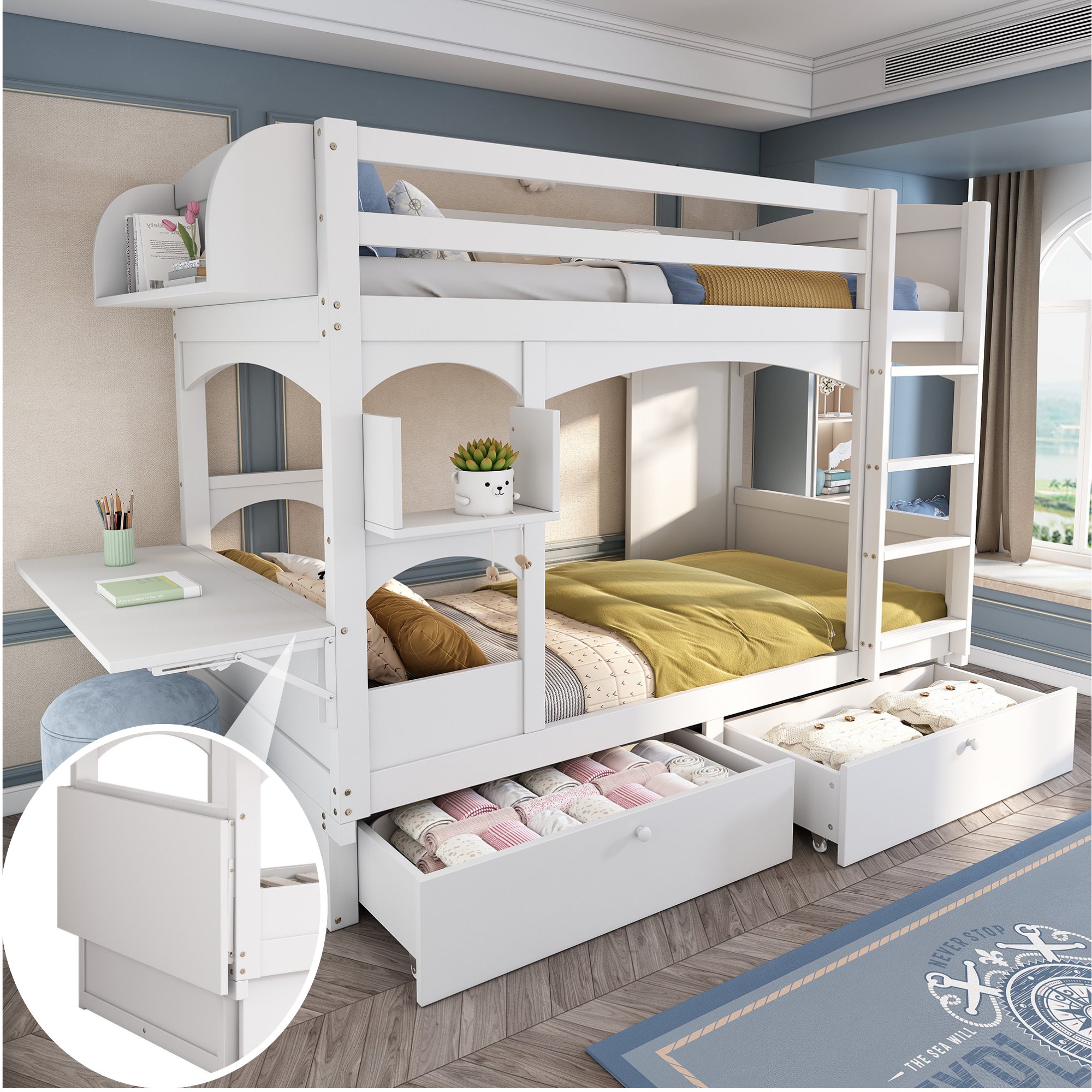 Lit superposé enfant 90x200 cm blanc, charge max 300 lbs par niveau, avec bureau pliable, étagères et tiroirs de rangement